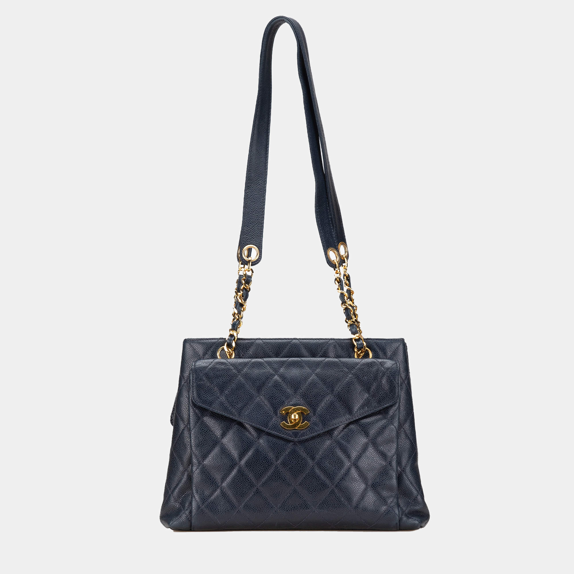 Pre Owned Chanel Navy Blue Quilted Caviar Front Pocket Chain Tote