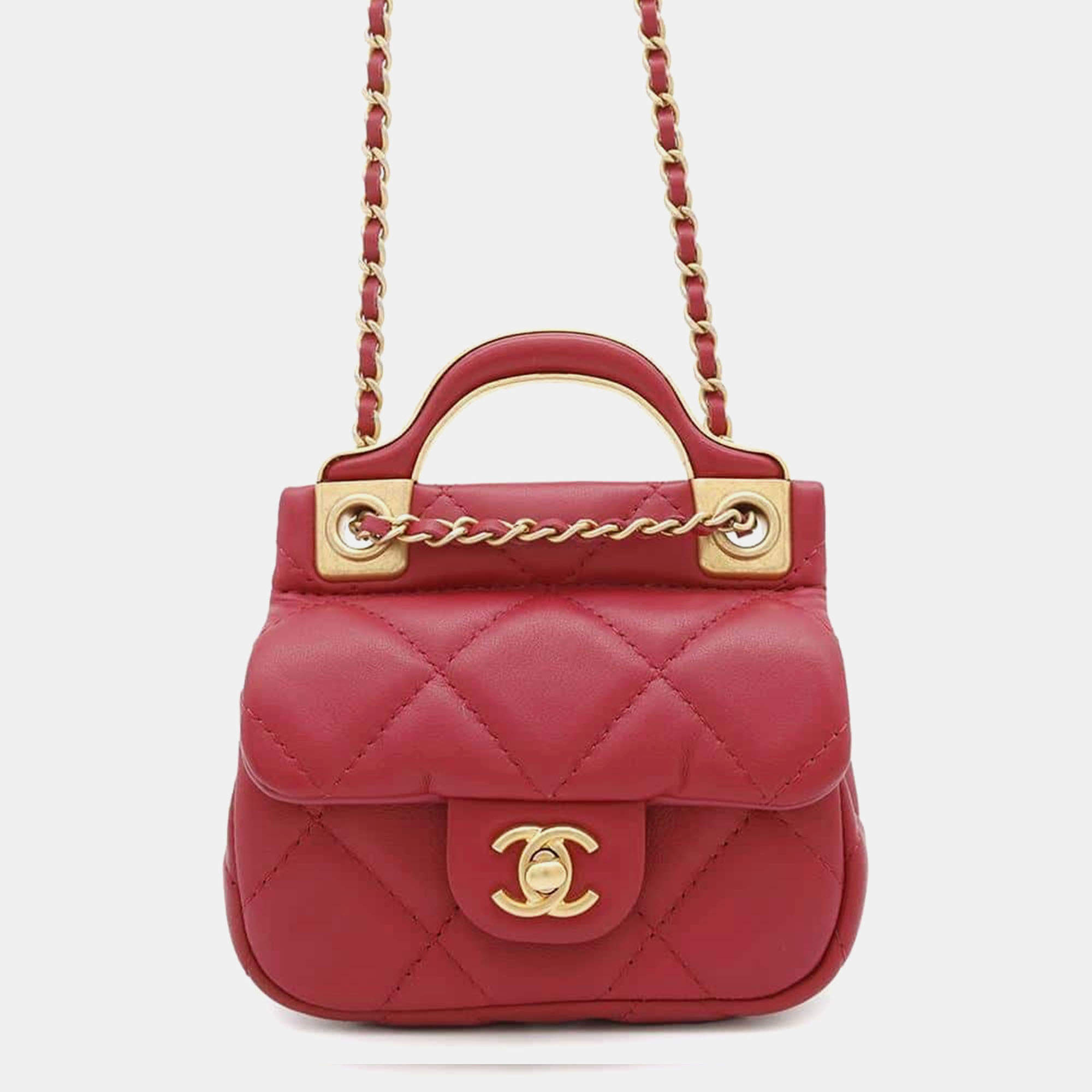 Chanel Red Leather Lady Handle Flap Card Holder Chain Clutch Bag