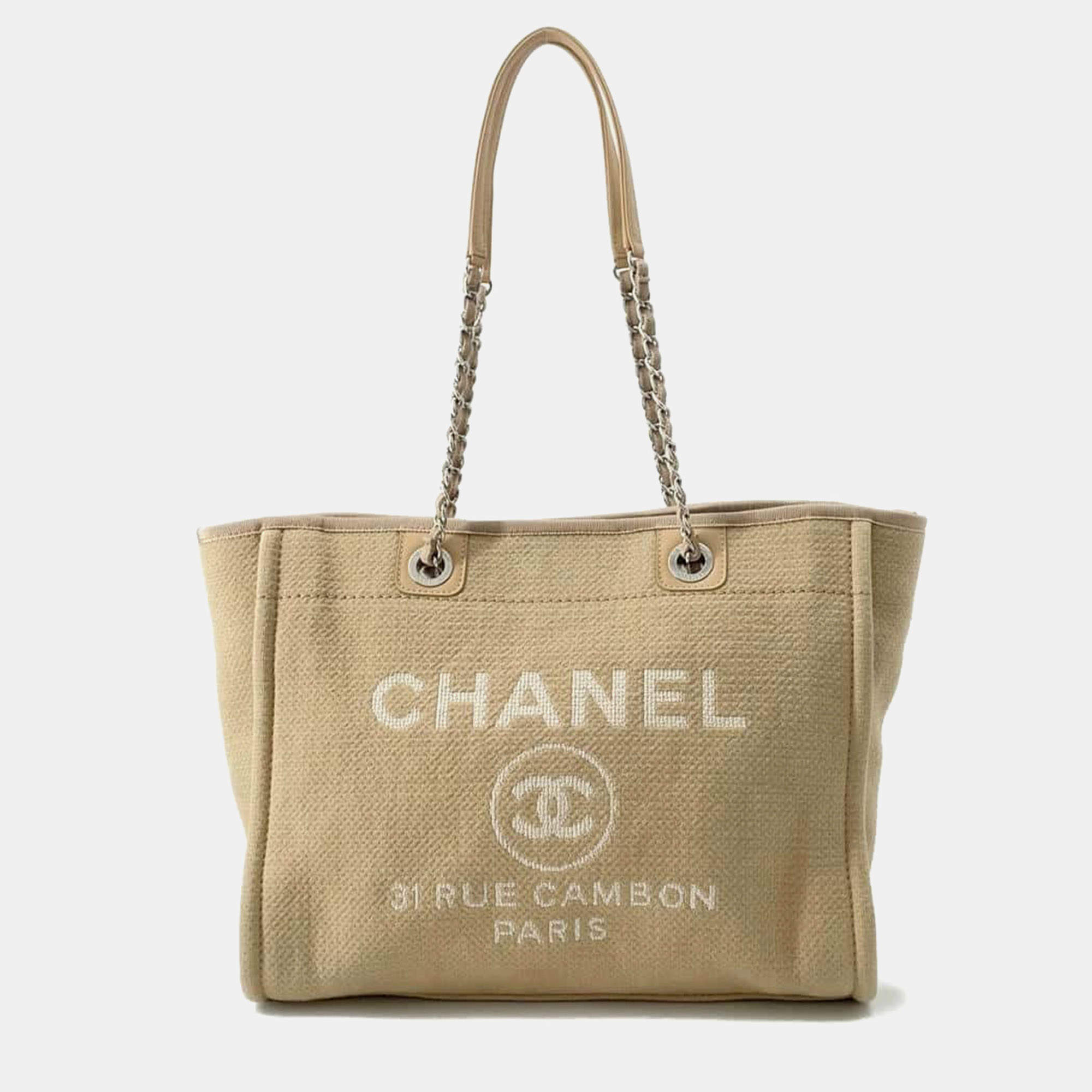 Pre Owned Chanel Beige Canvas and Leather Deauville MM Chain Shoulder Bag