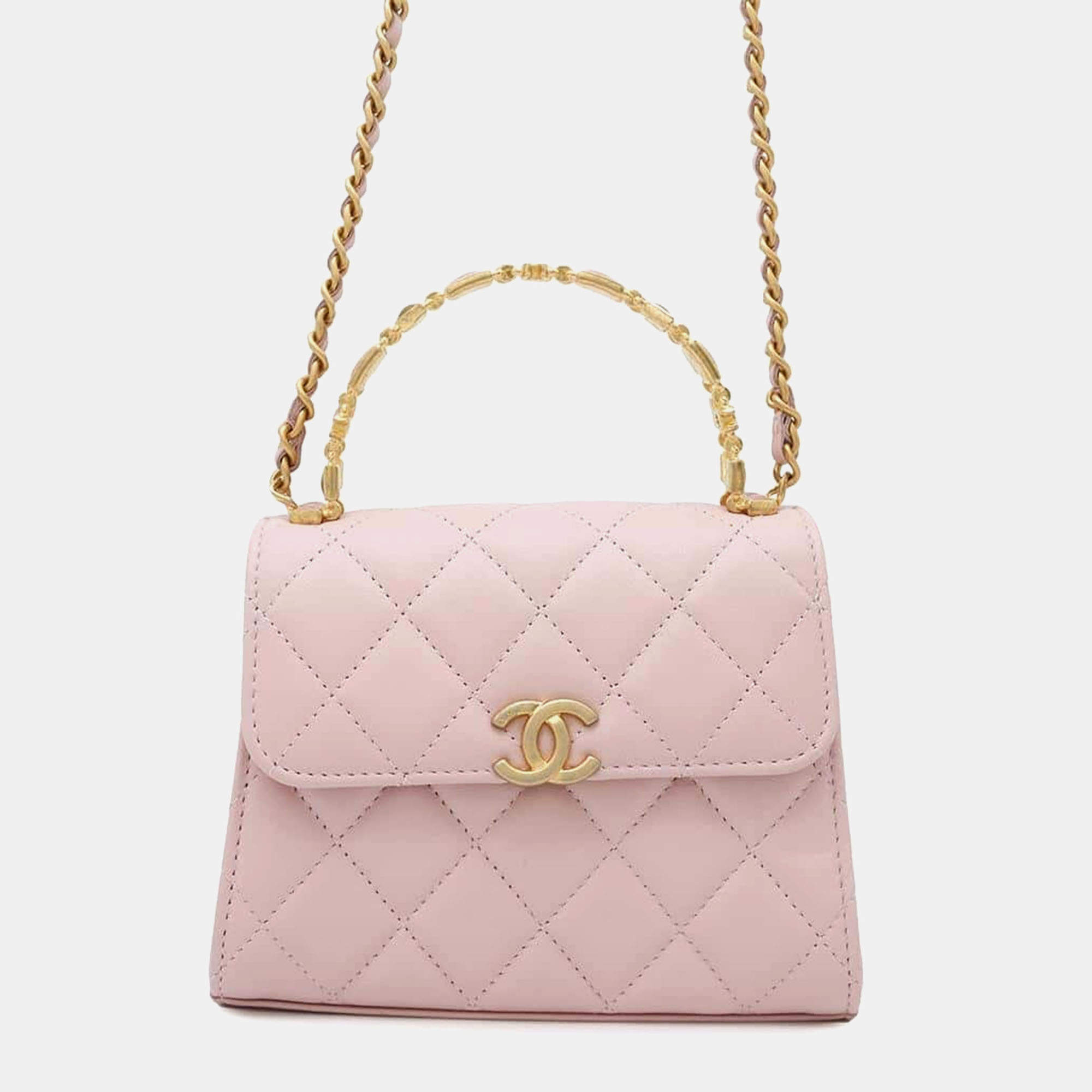  Chanel  Pink Lambskin Leather Top Handle Bag
