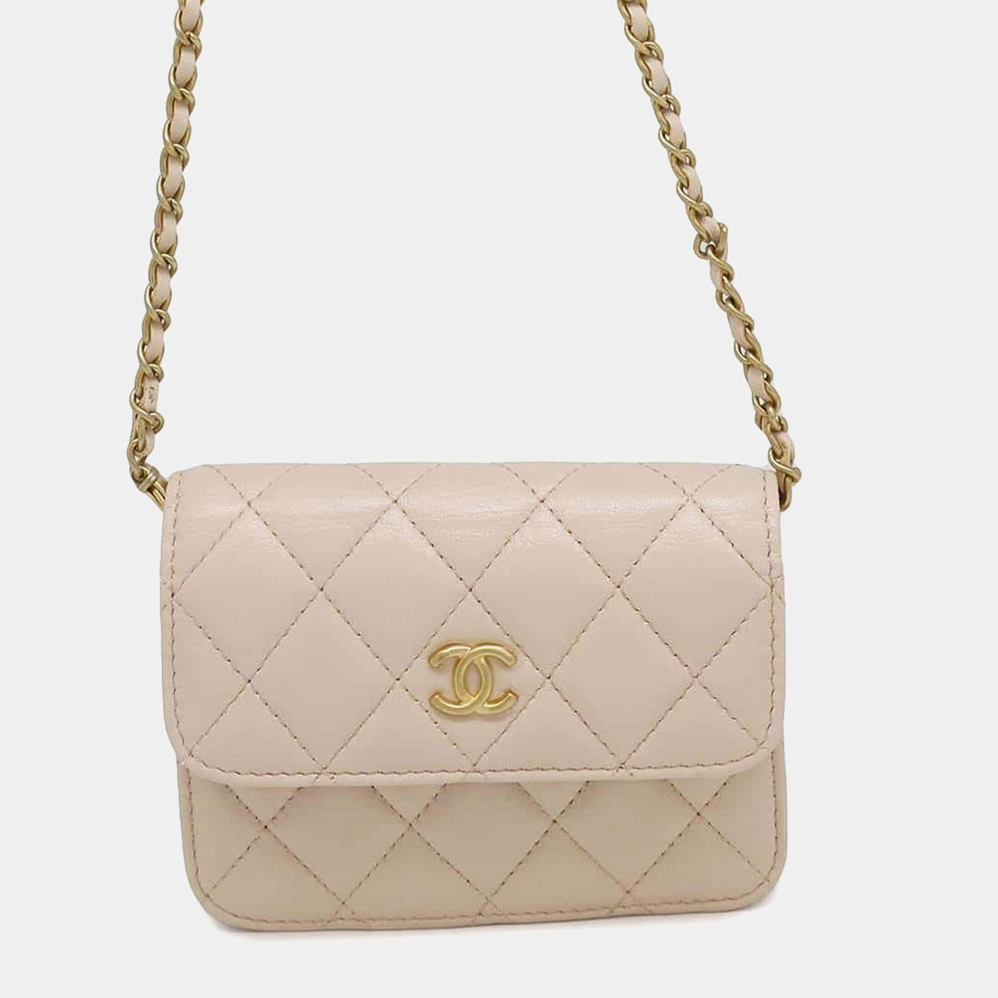 Chanel Pink Lambskin Mini Chain Clutch Bag 
