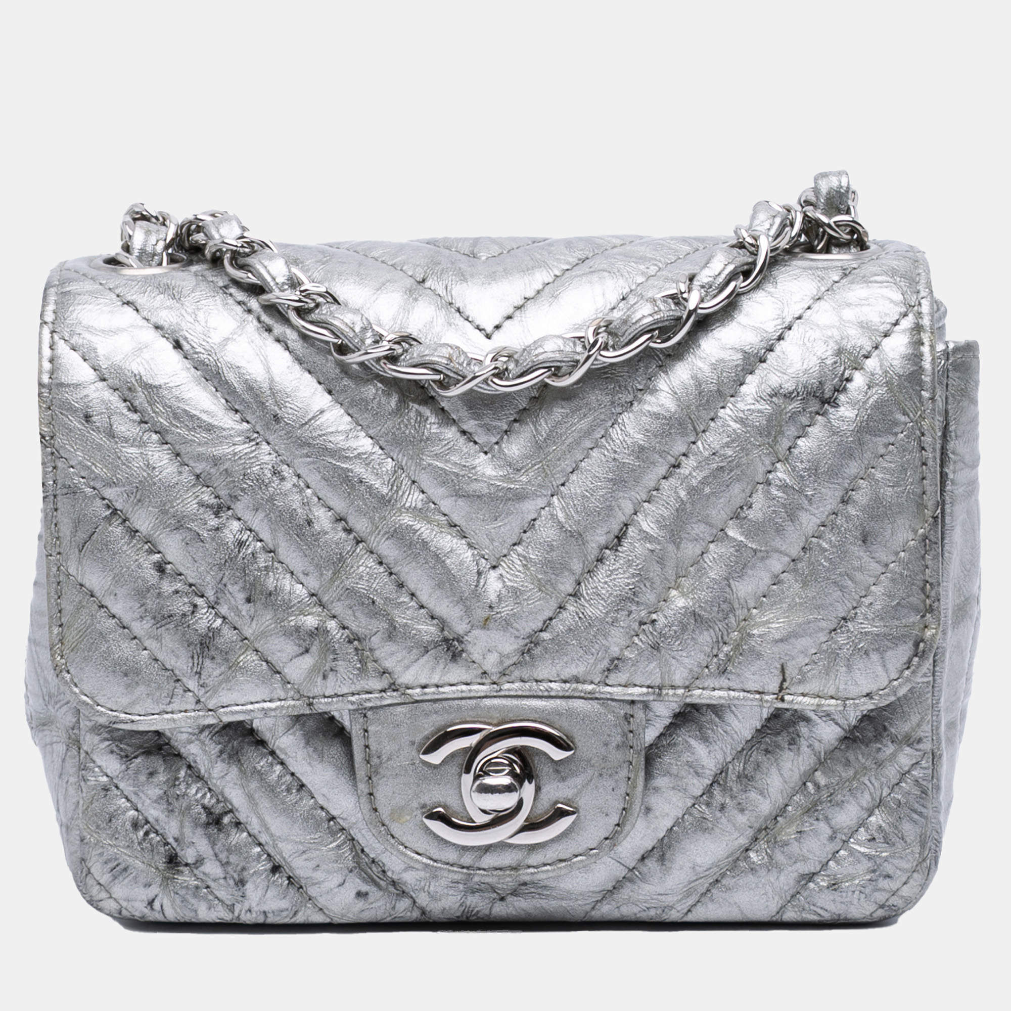 Pre Owned Chanel Silver Mini Square Classic Chevron Metallic Crumpled Patent Single Flap