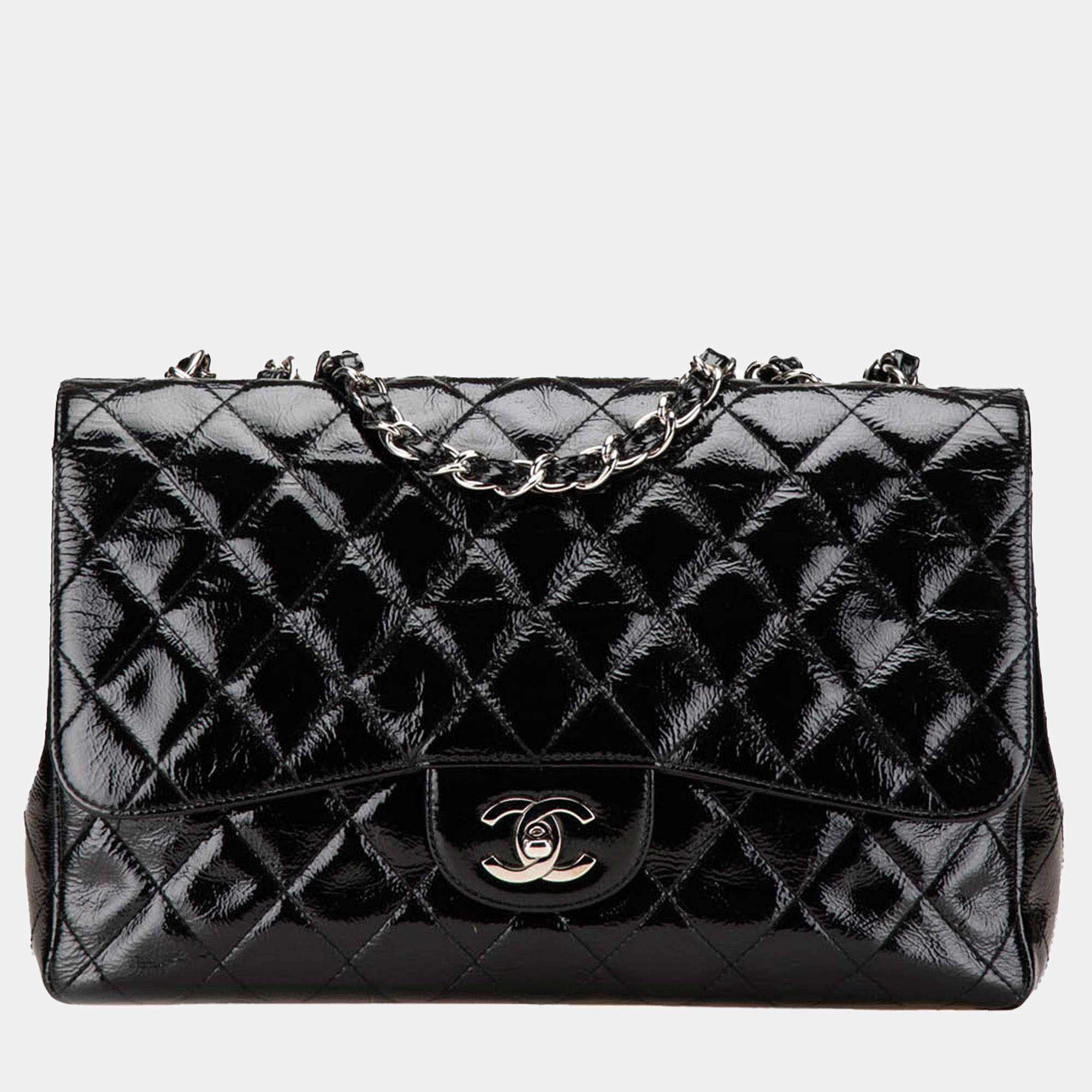 Pre Owned Chanel Black Jumbo Classic Crinkled Patent Single Flap