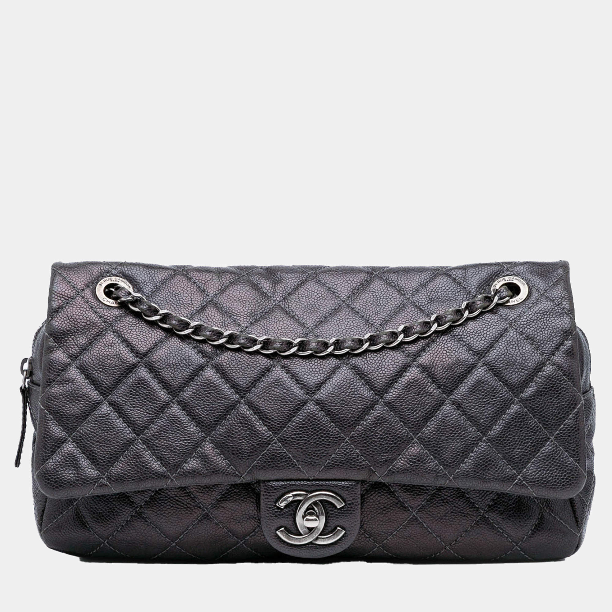 Chanel Purple Jumbo Quilted Caviar Easy Flap Bag