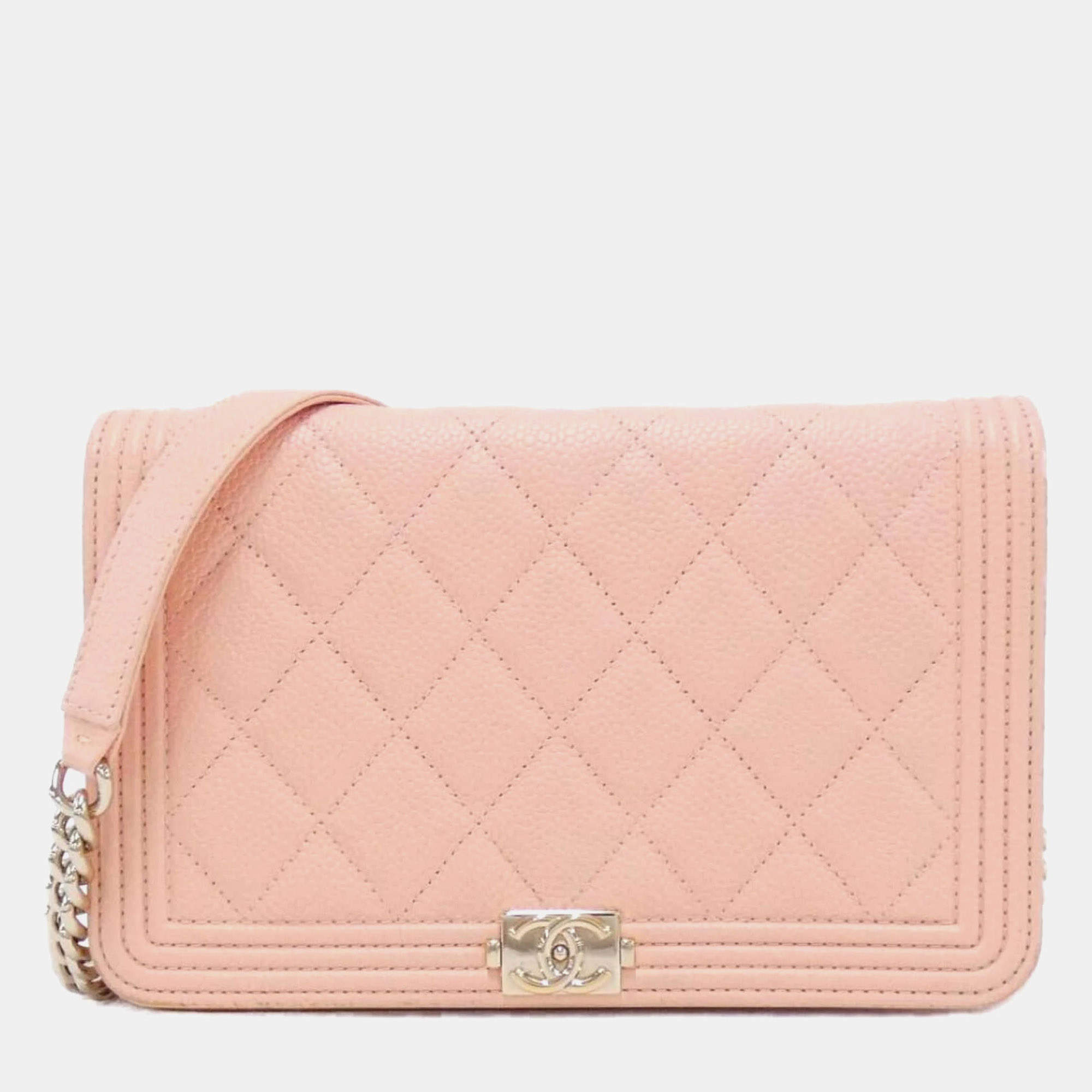 Chanel Pink Leather Boy Wallet On Chain 
