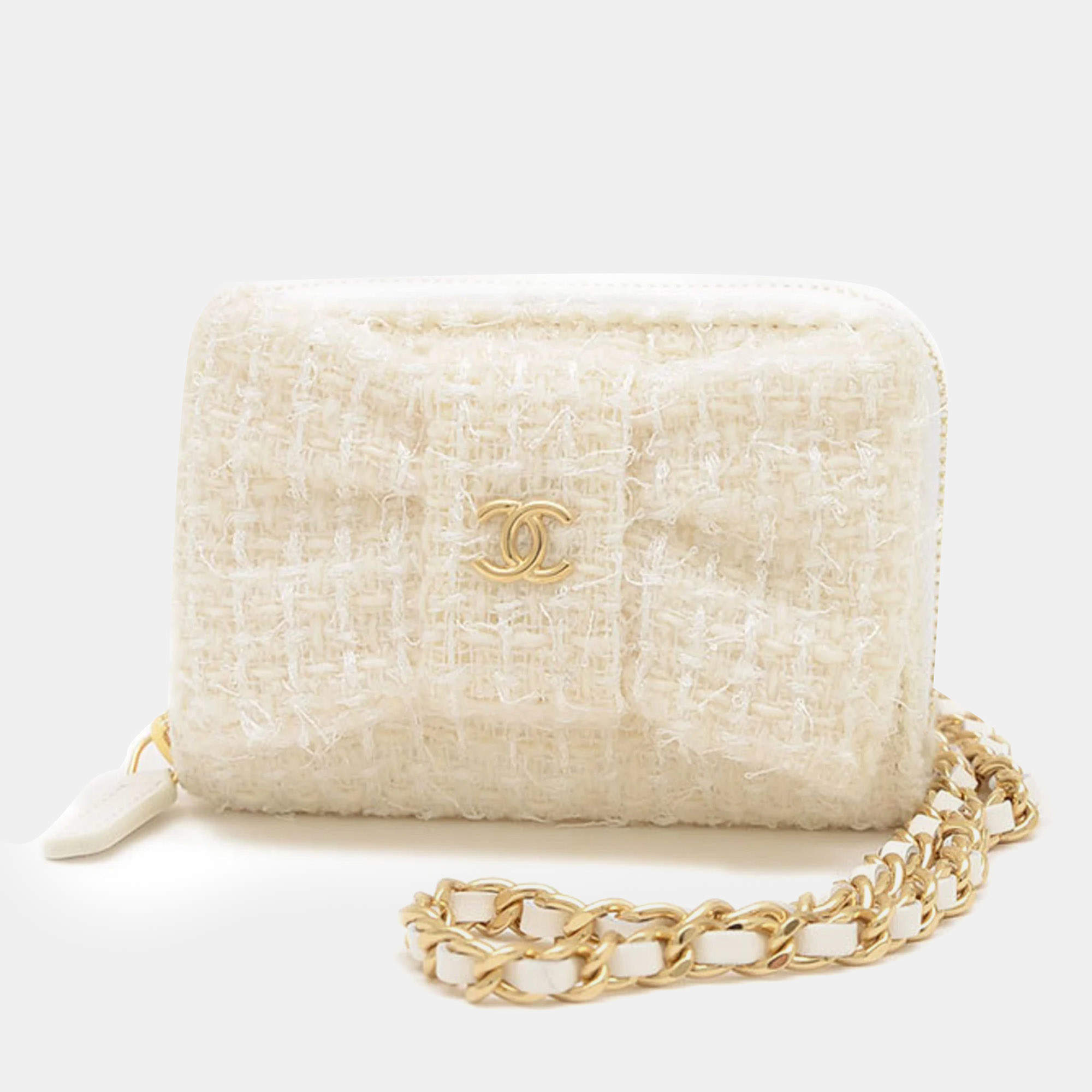 Chanel White Tweed Ribbon Chain Wallet Wallet/Coin Case