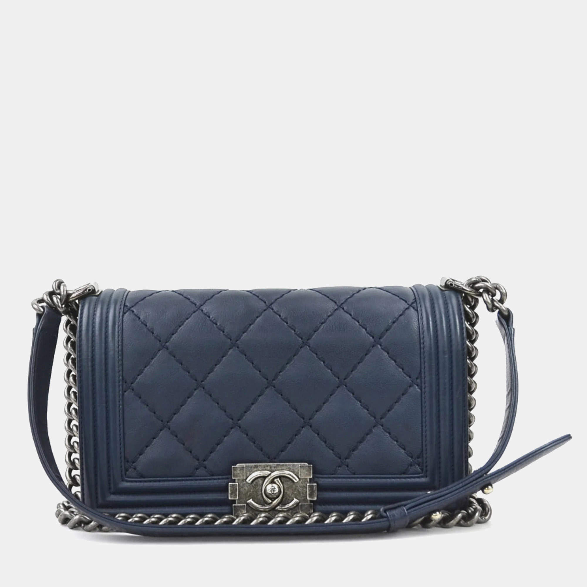  Chanel Navy Blue Leather Boy Shoulder Bag