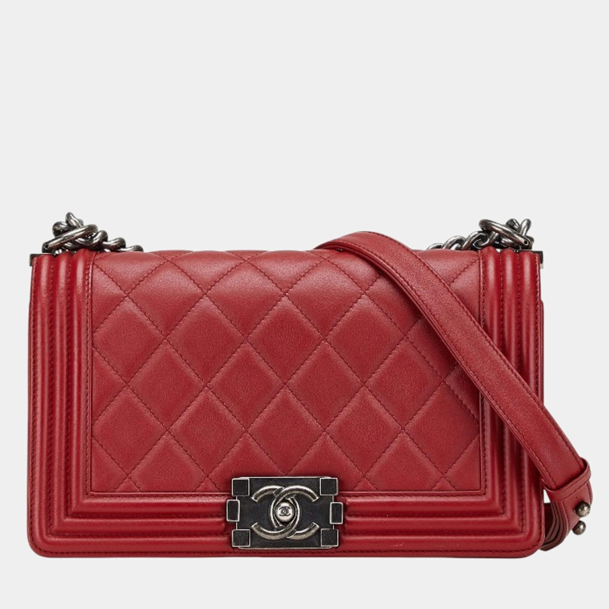 Pre Owned Chanel Red Lambskin Coco Mark Boy Chain Shoulder Bag