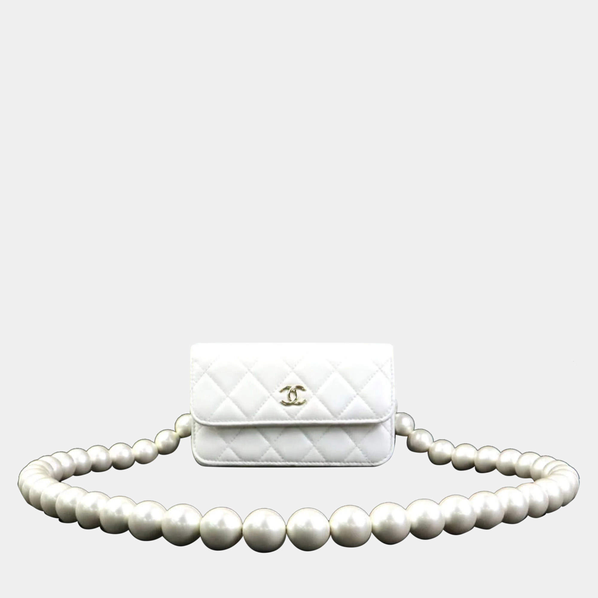 Chanel White Matelasse Leather Faux Pearl  Body Bag 