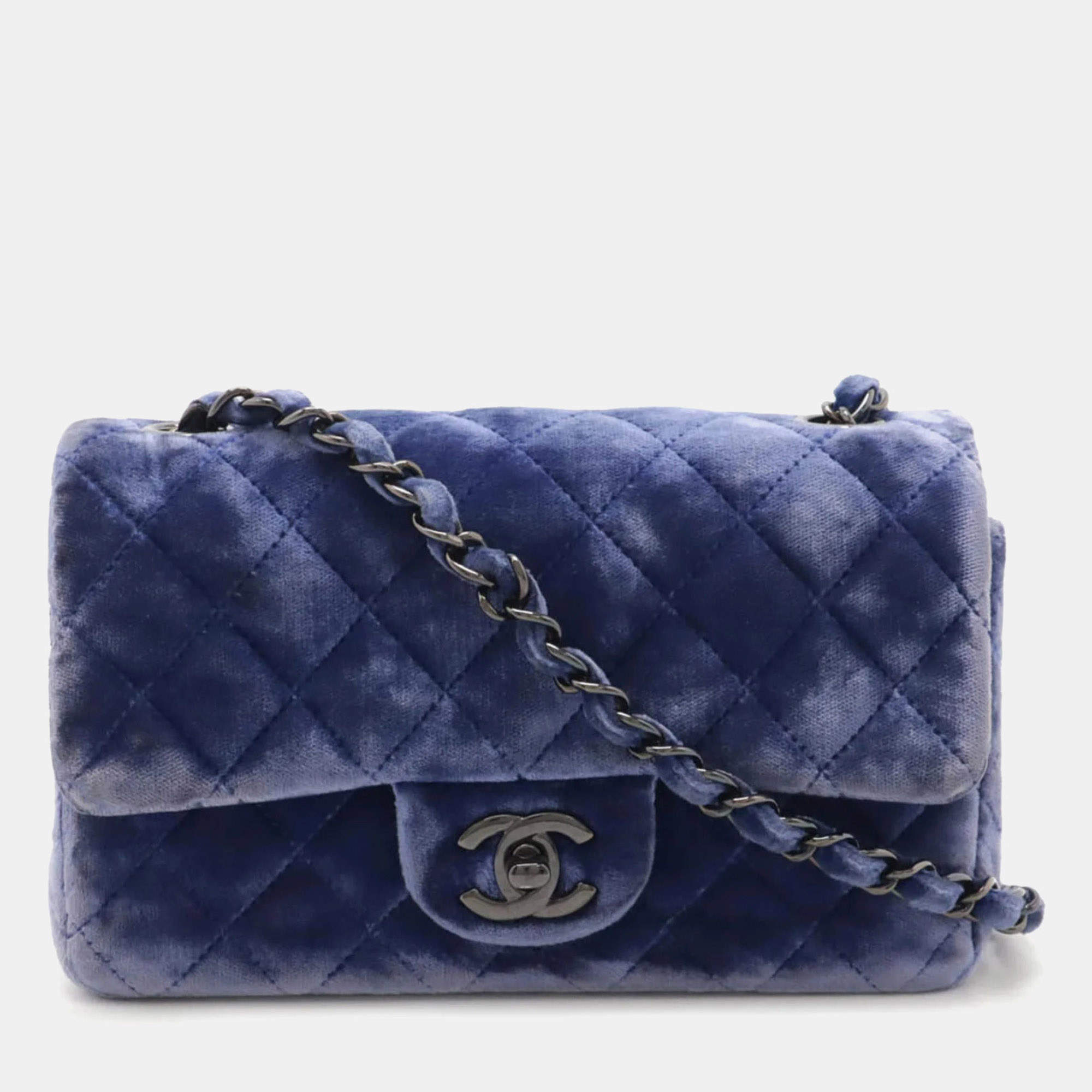  Chanel Leather Velour Blue Mini Matelasse Turnlock Shoulder Bag 