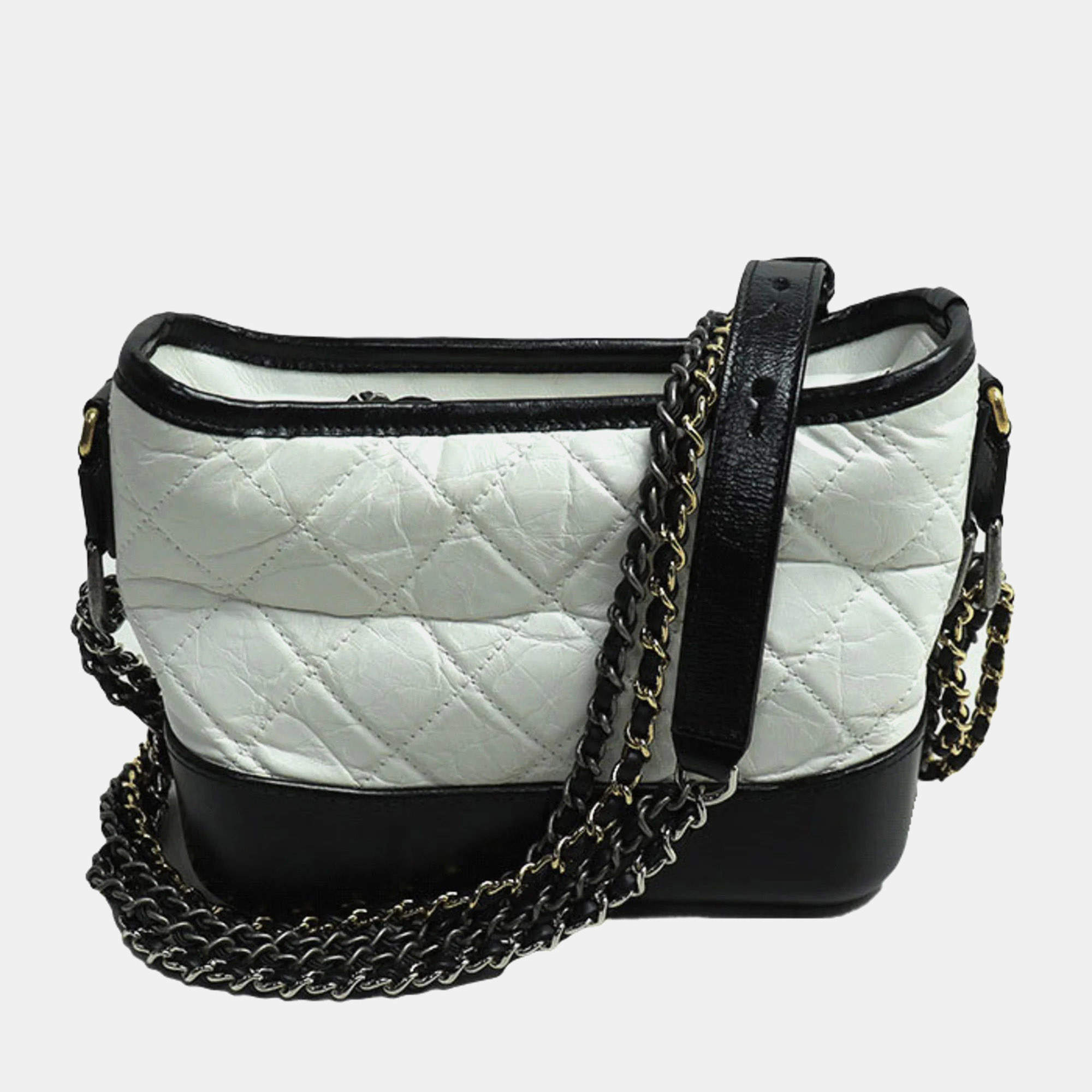 Pre Owned Chanel White and Black Calfskin Gabrielle Small Hobo Shoulder Bag