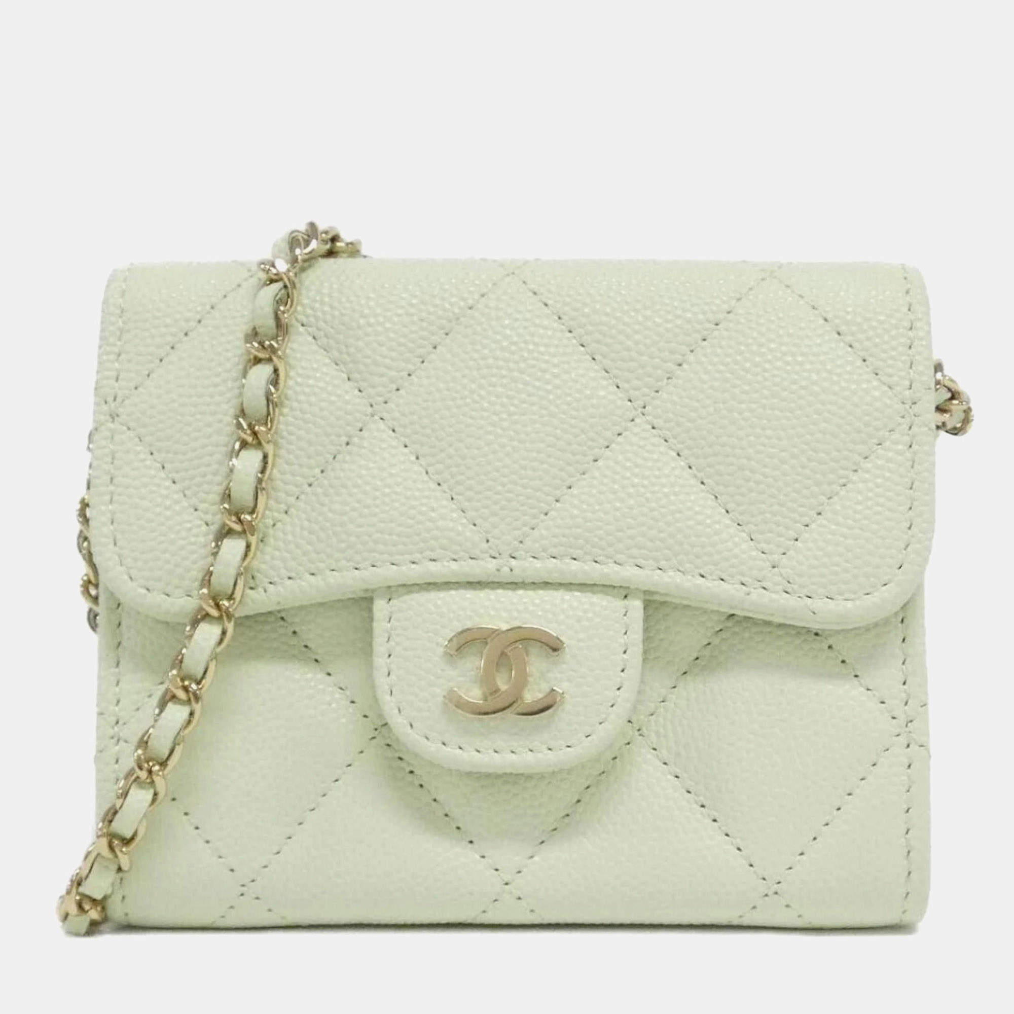 Chanel Light Green Caviar Leather Timeless Classic Chain Clutch Bag