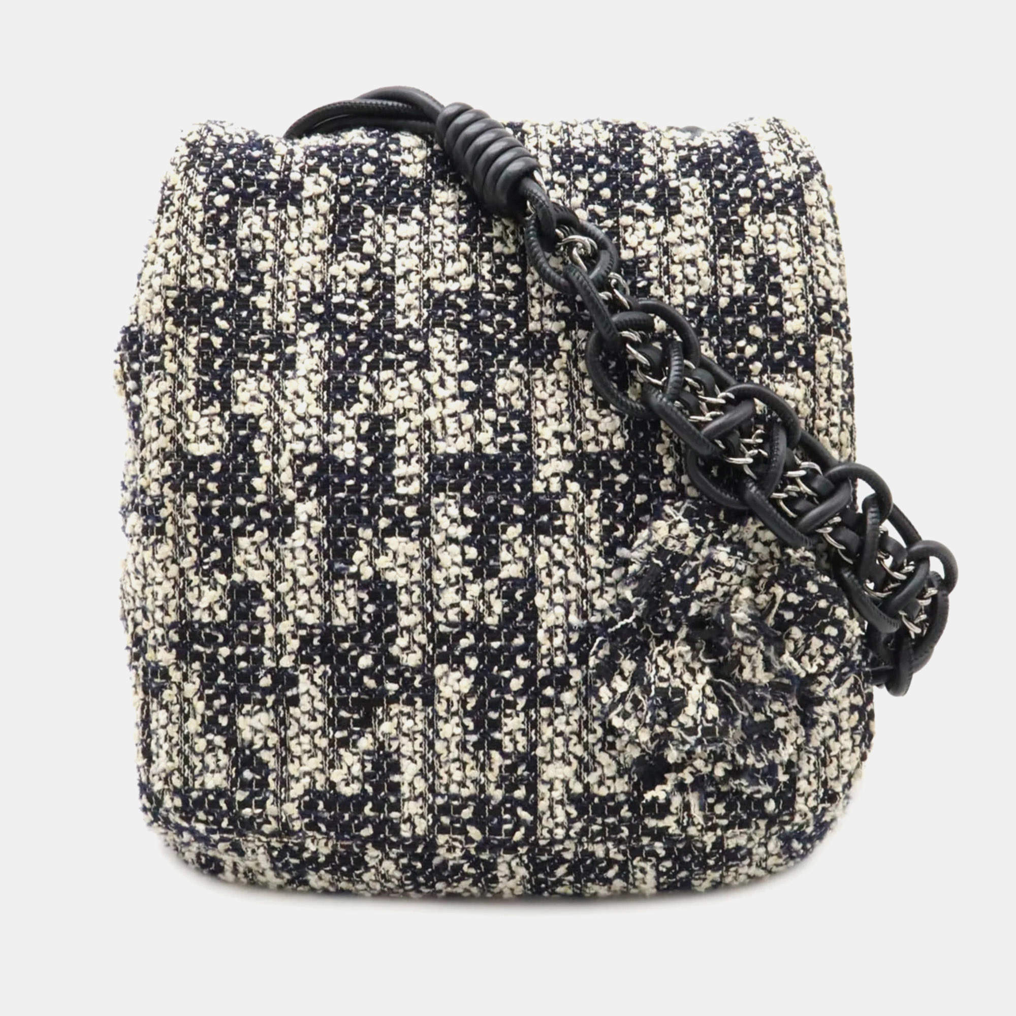 Pre Owned Chanel Multicolor Tweed Leather Camellia Chain Shoulder Bag