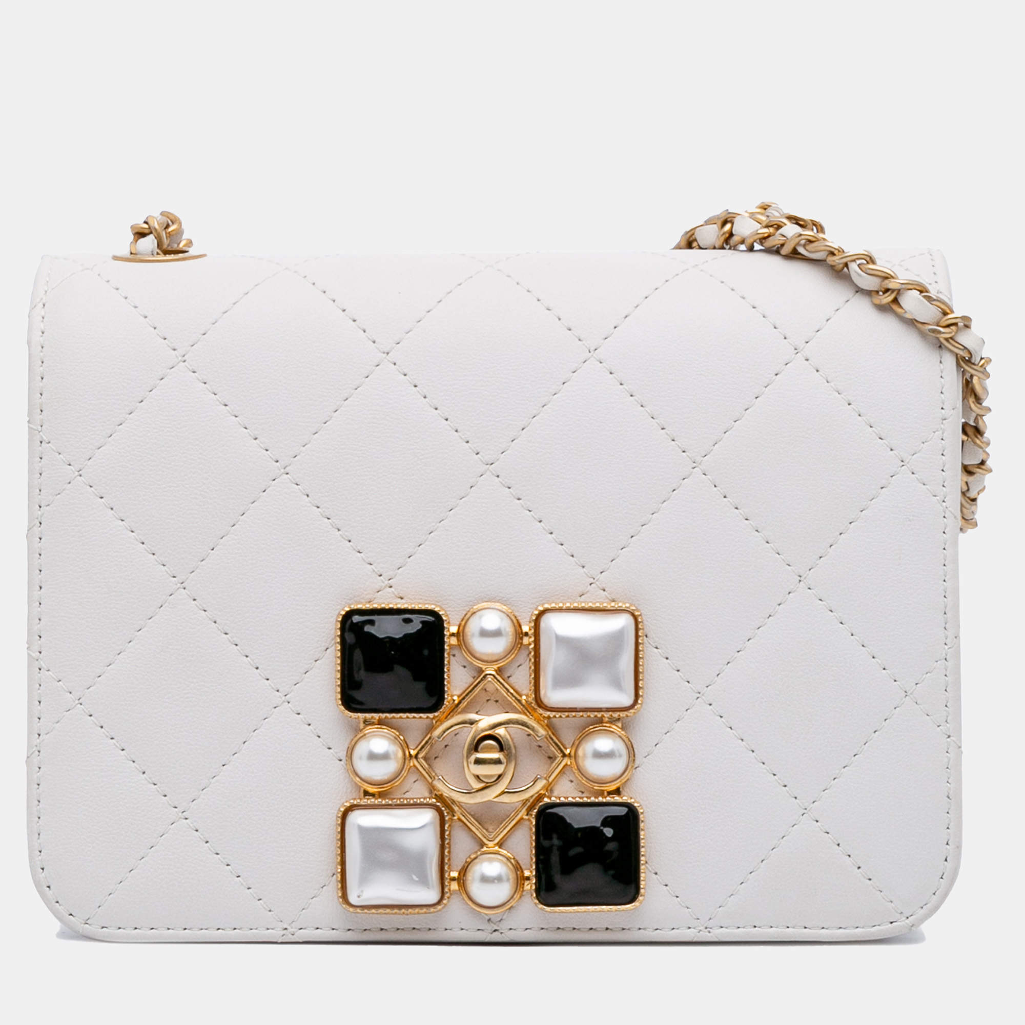 Pre Owned Chanel Ivory Small CC Quilted Calfskin Crystal Pearl Full Flap