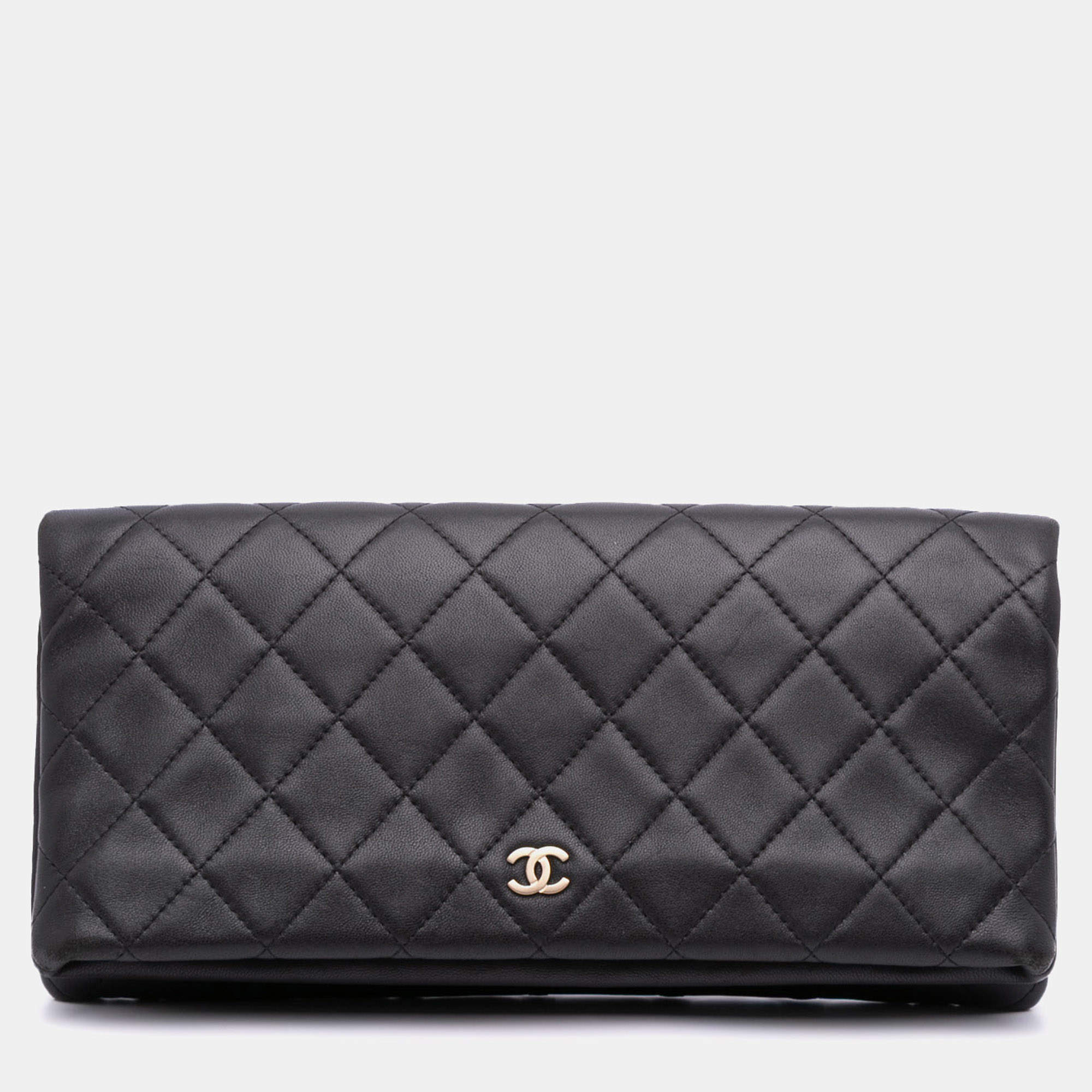 Chanel Black CC Quilted Lambskin Foldover Clutch