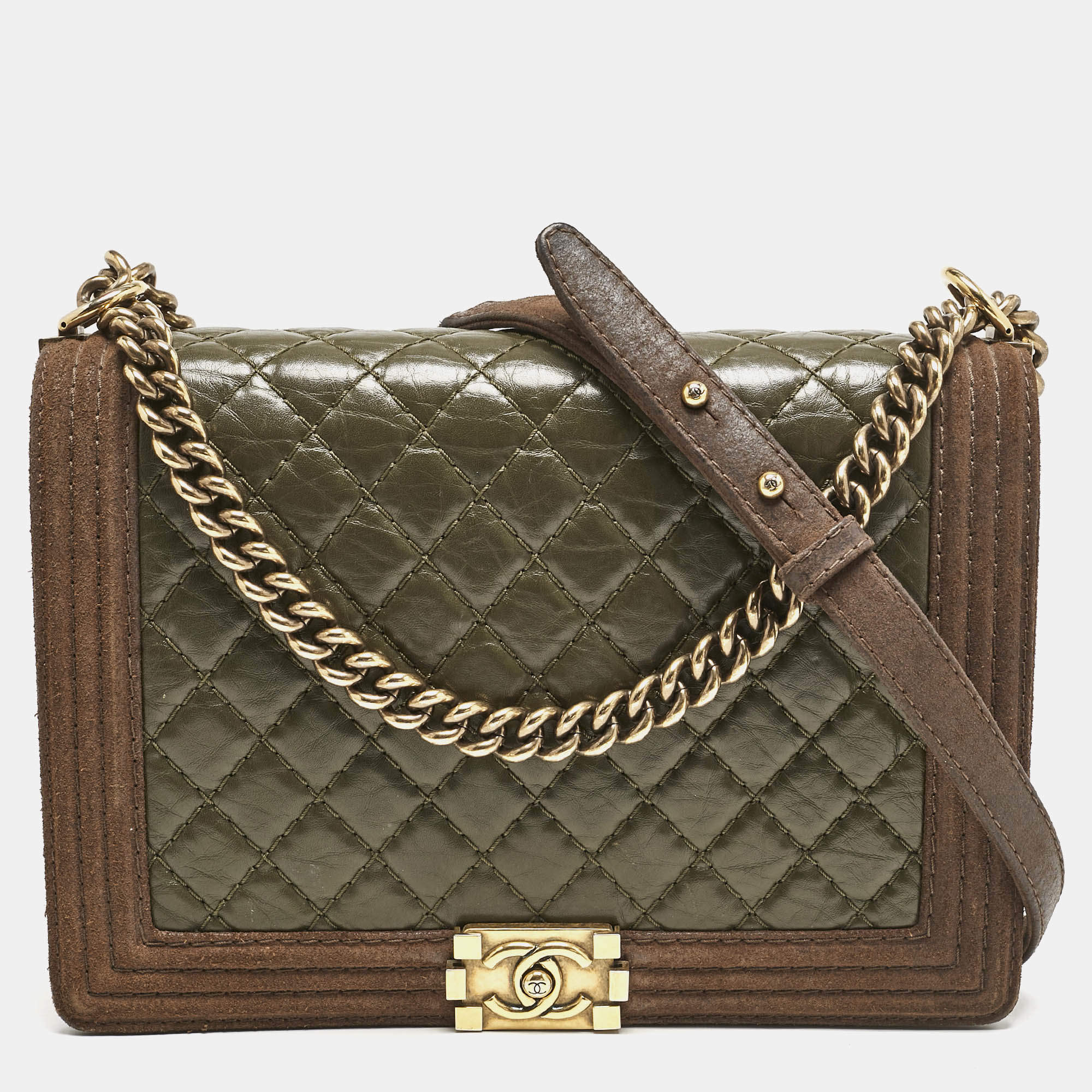 Chanel Olive Green/Brown Quilted Leather and Suede Large Boy Flap Bag