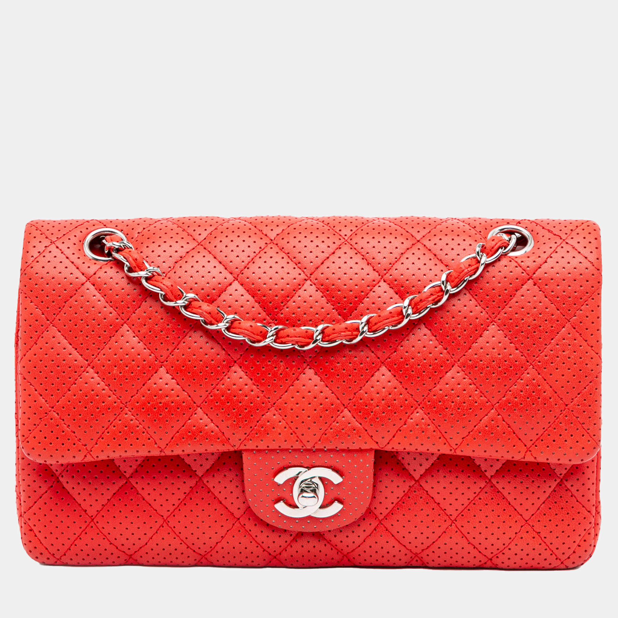Pre Owned Chanel Red Medium Classic Perforated Lambskin Double Flap