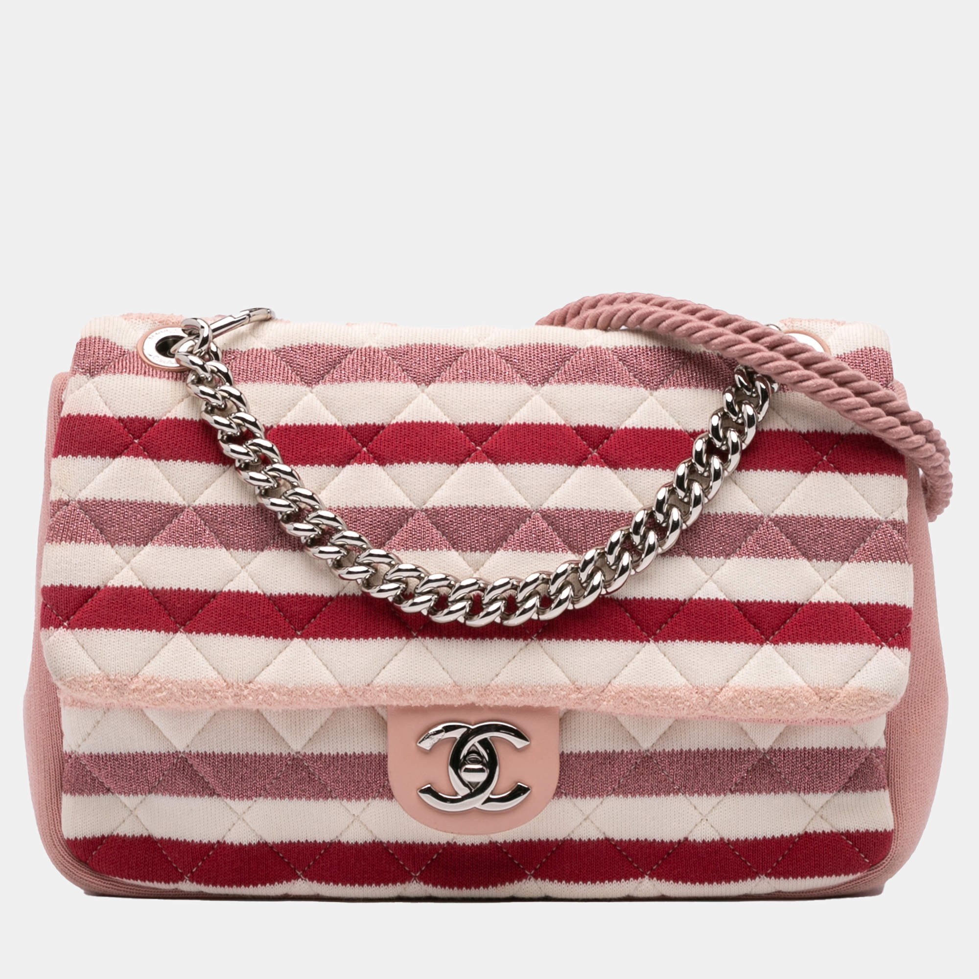 Pre Owned Chanel Pink White Jumbo Stripe Jersey Felt and Rope Flap