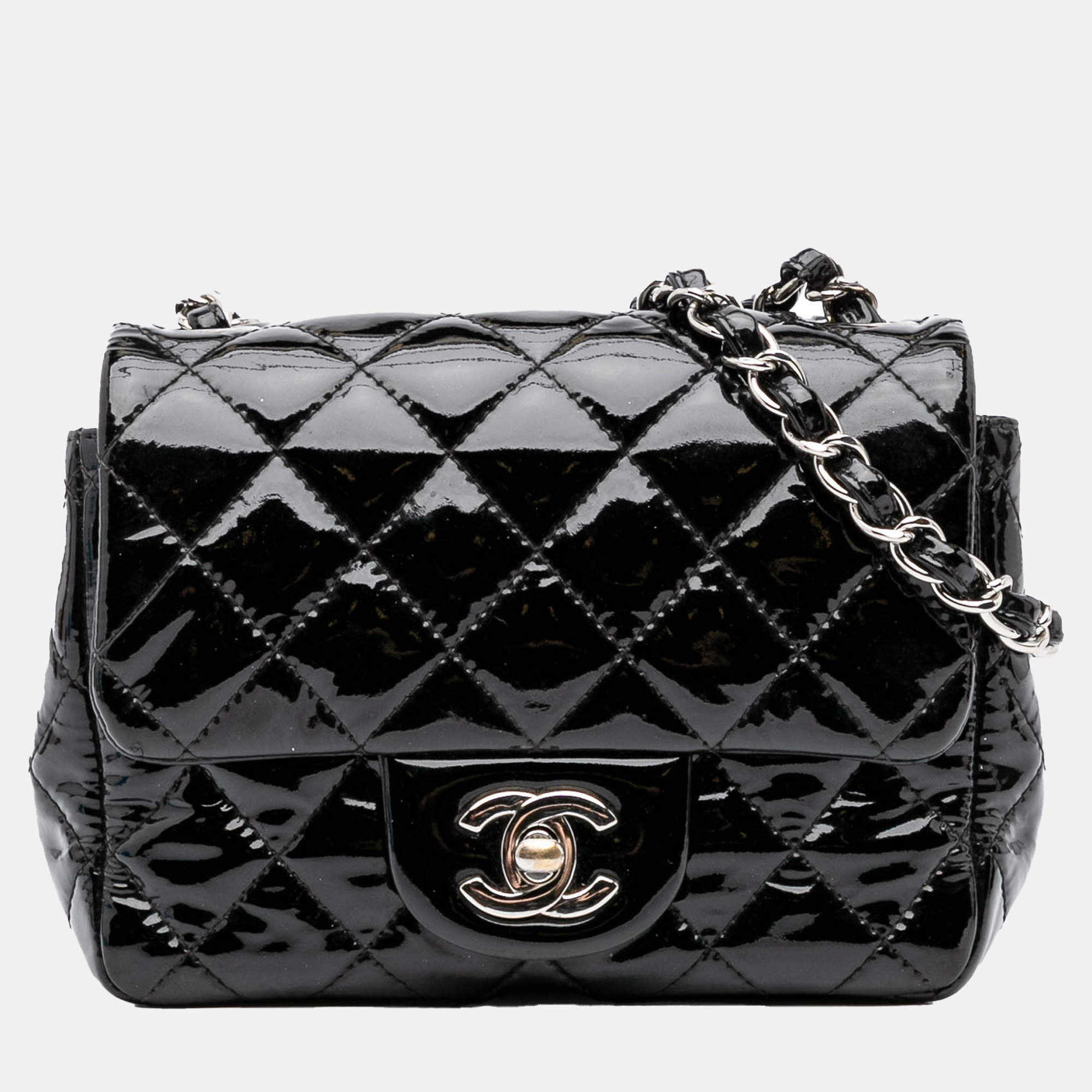 Pre Owned Chanel Black Mini Square Classic Patent Single Flap