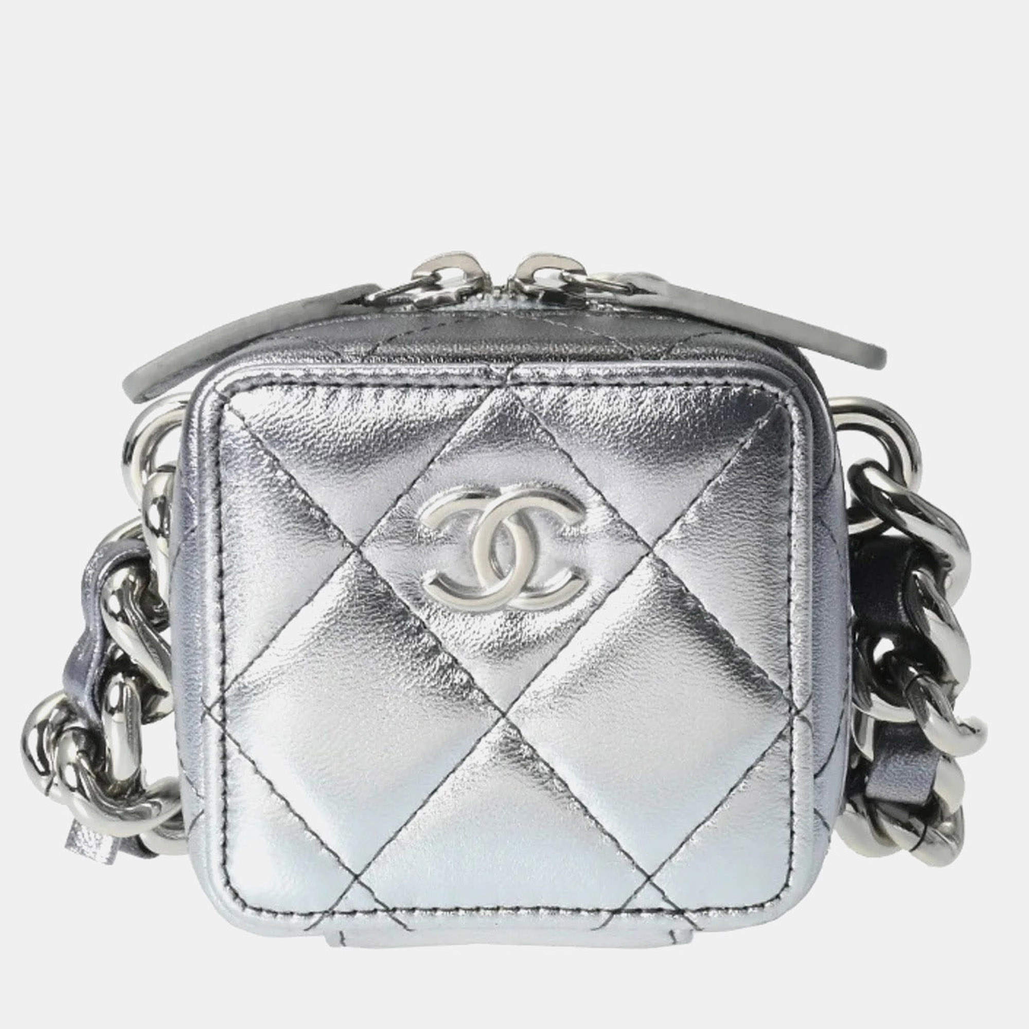 Chanel Silver Lambskin Matelasse Cube Chain Shoulder Bag