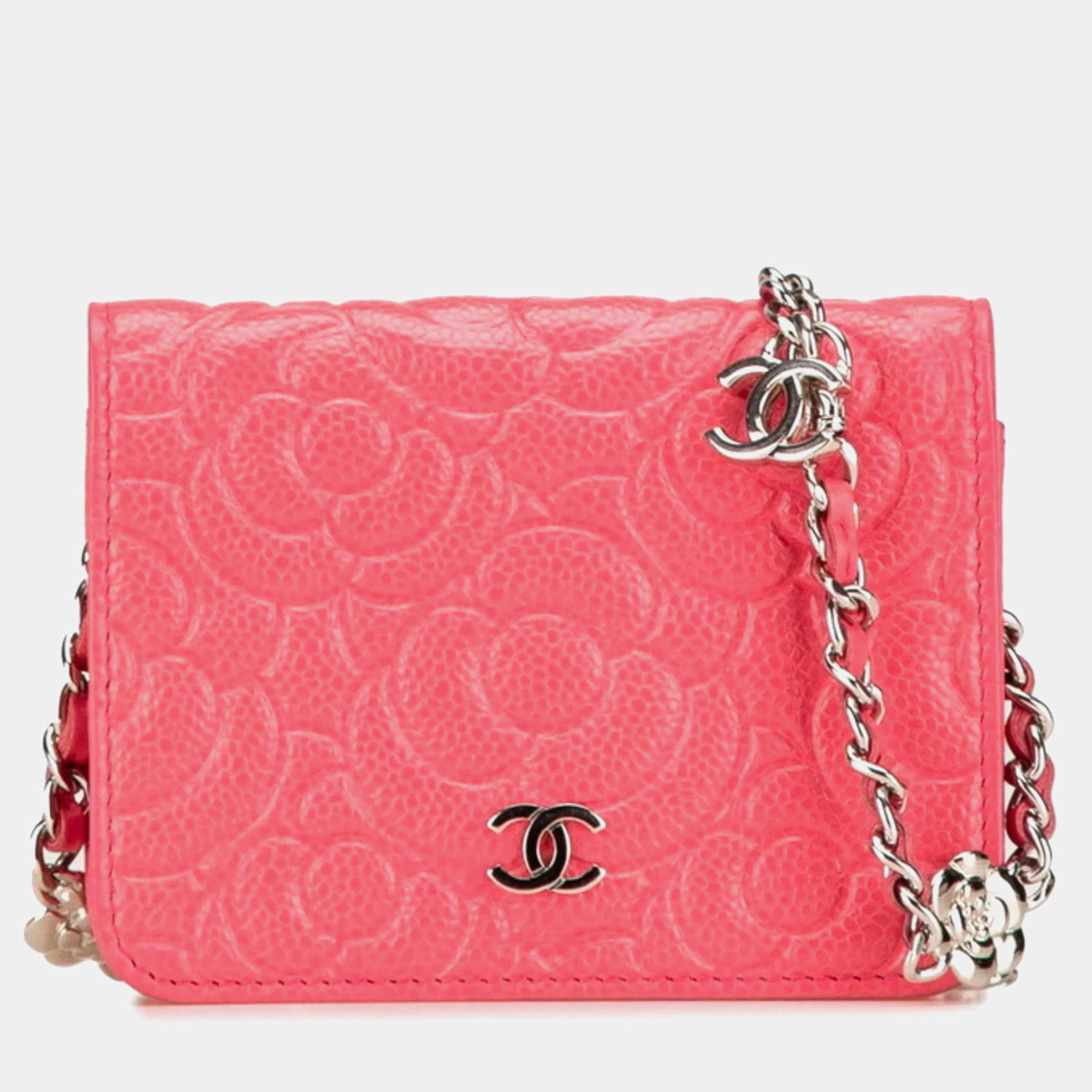 Chanel Pink Caviar Skin Camellia Coco Mark Chain Wallet Mini Shoulder Bag