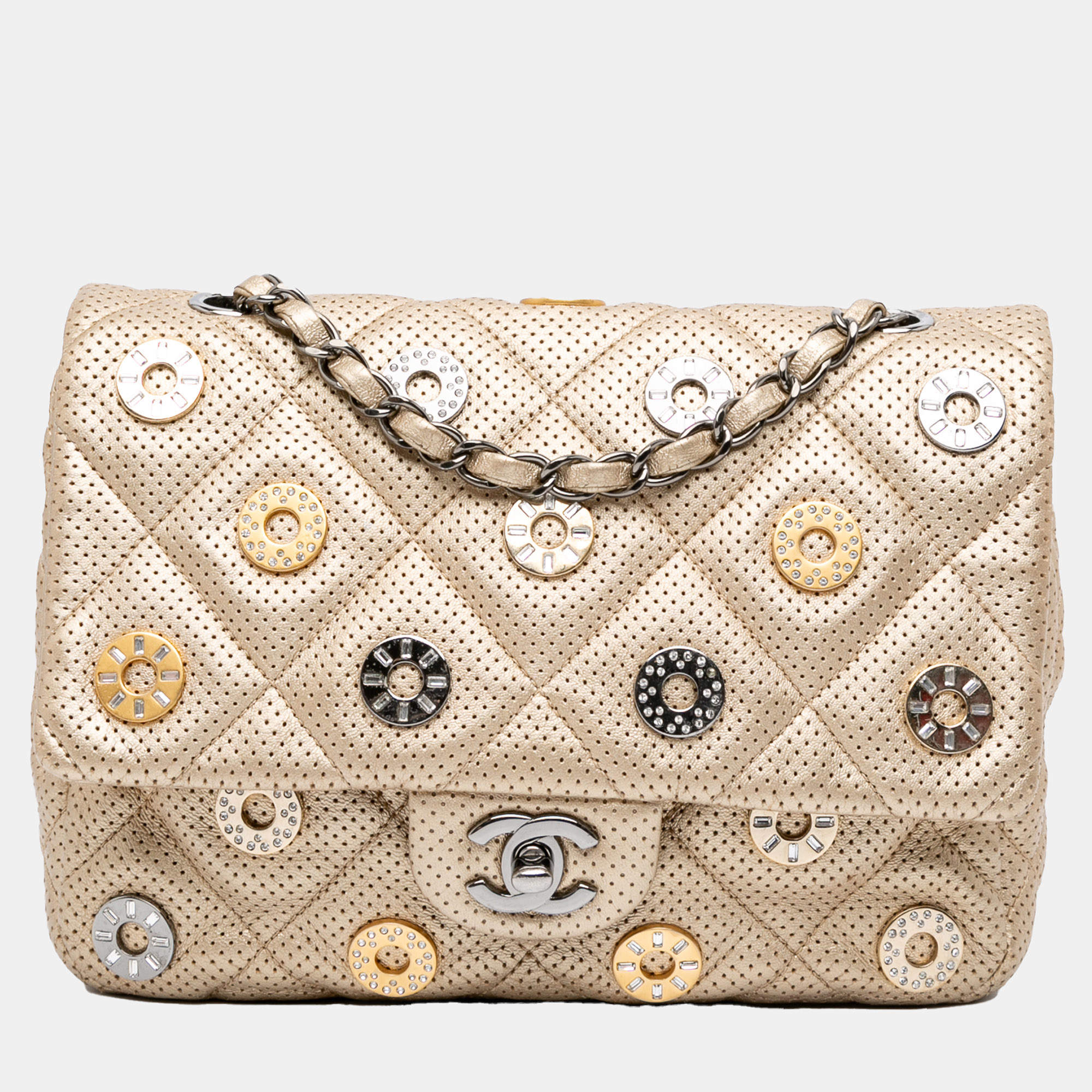 Pre Owned Chanel Gold Paris-Dubai Small Perforated Metallic Lambskin Medals Flap