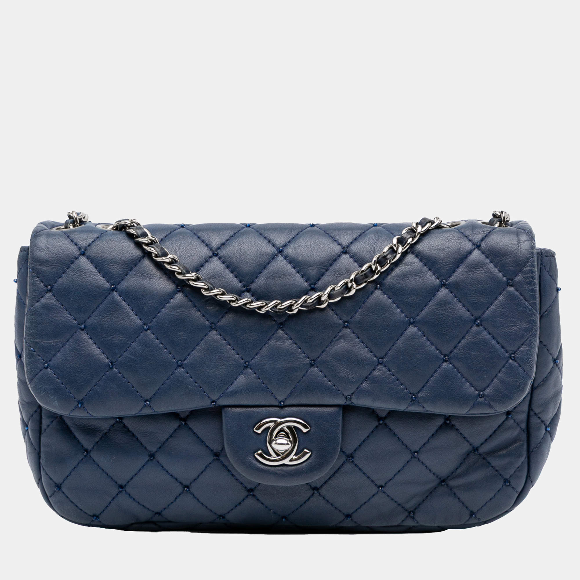 Pre Owned Chanel Navy Blue Small Quilted Lambskin Beaded Single Flap