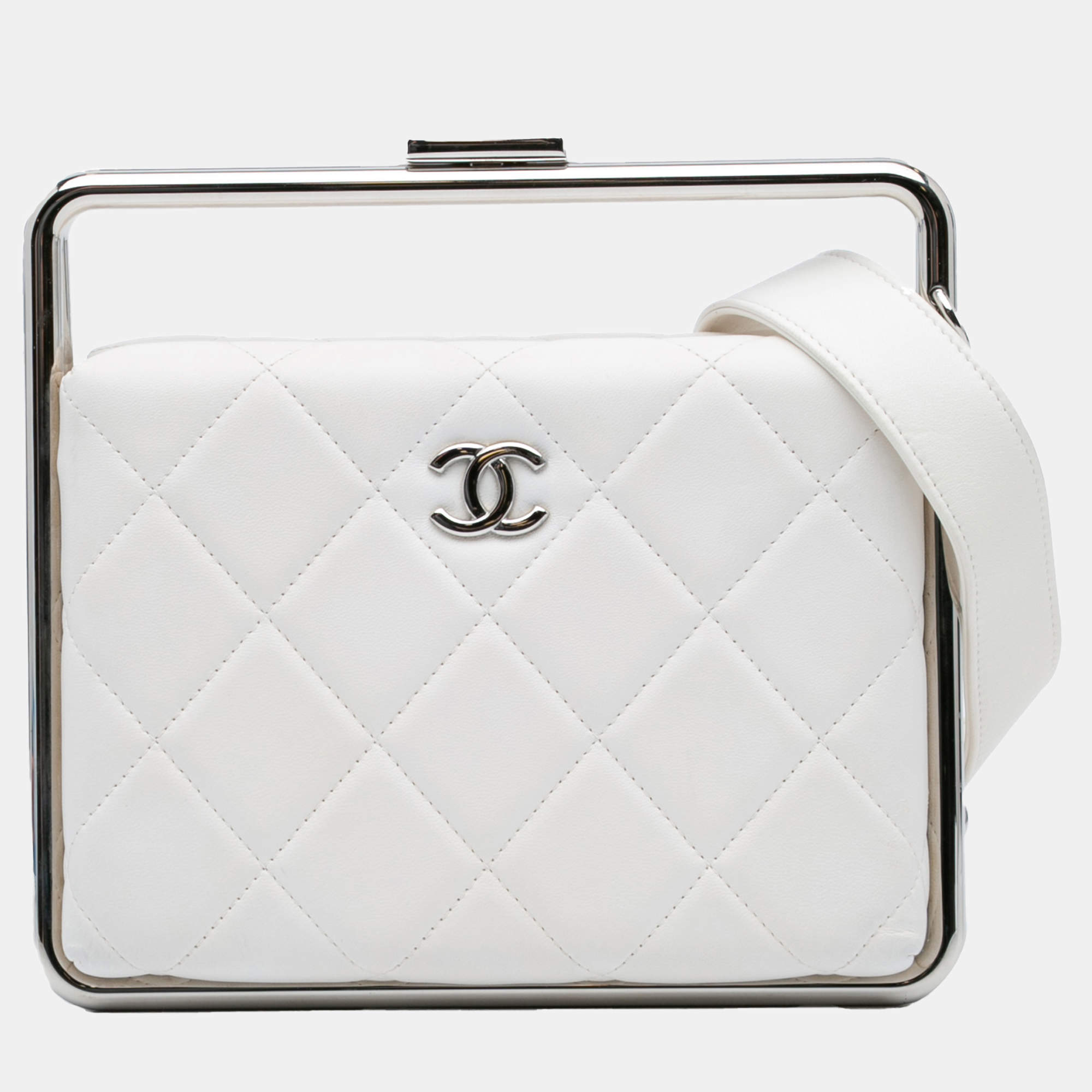 Chanel White Quilted Lambskin Metal Bar Convertible Clutch