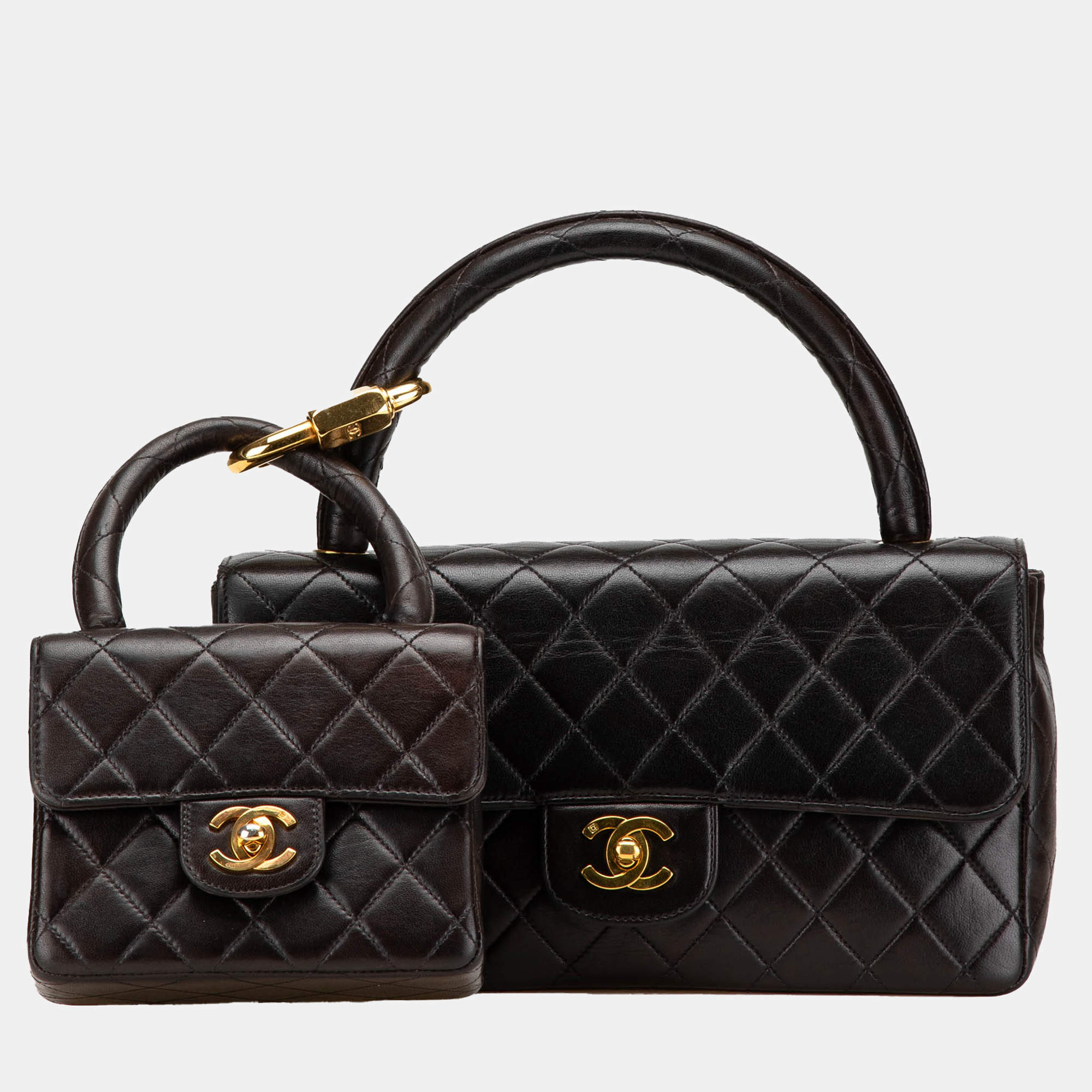Chanel Black Lambskin Parent Child Kelly Set Top Handle Bag
