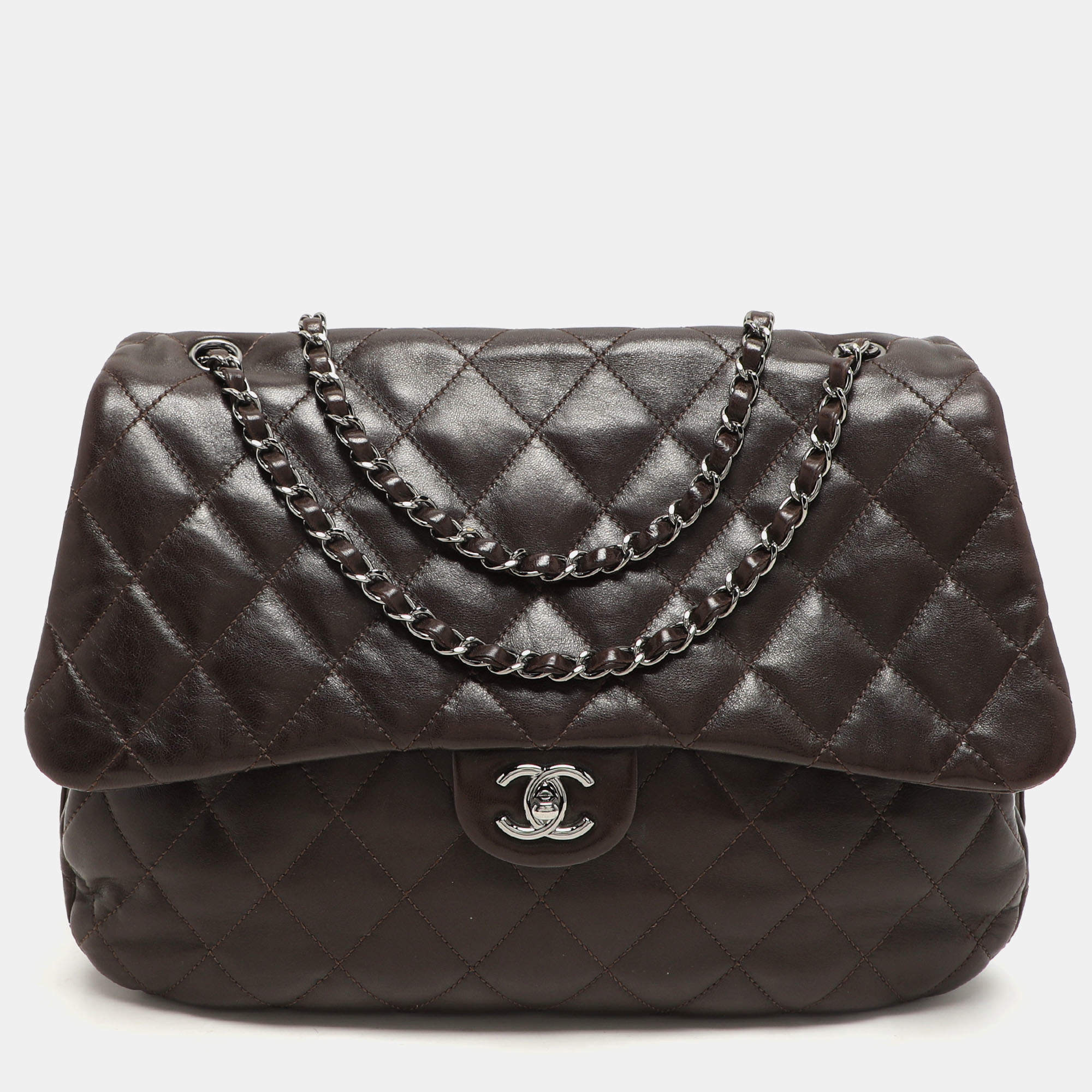 Pre Owned Chanel Brown Quilted Leather 3 Accordion Flap Bag