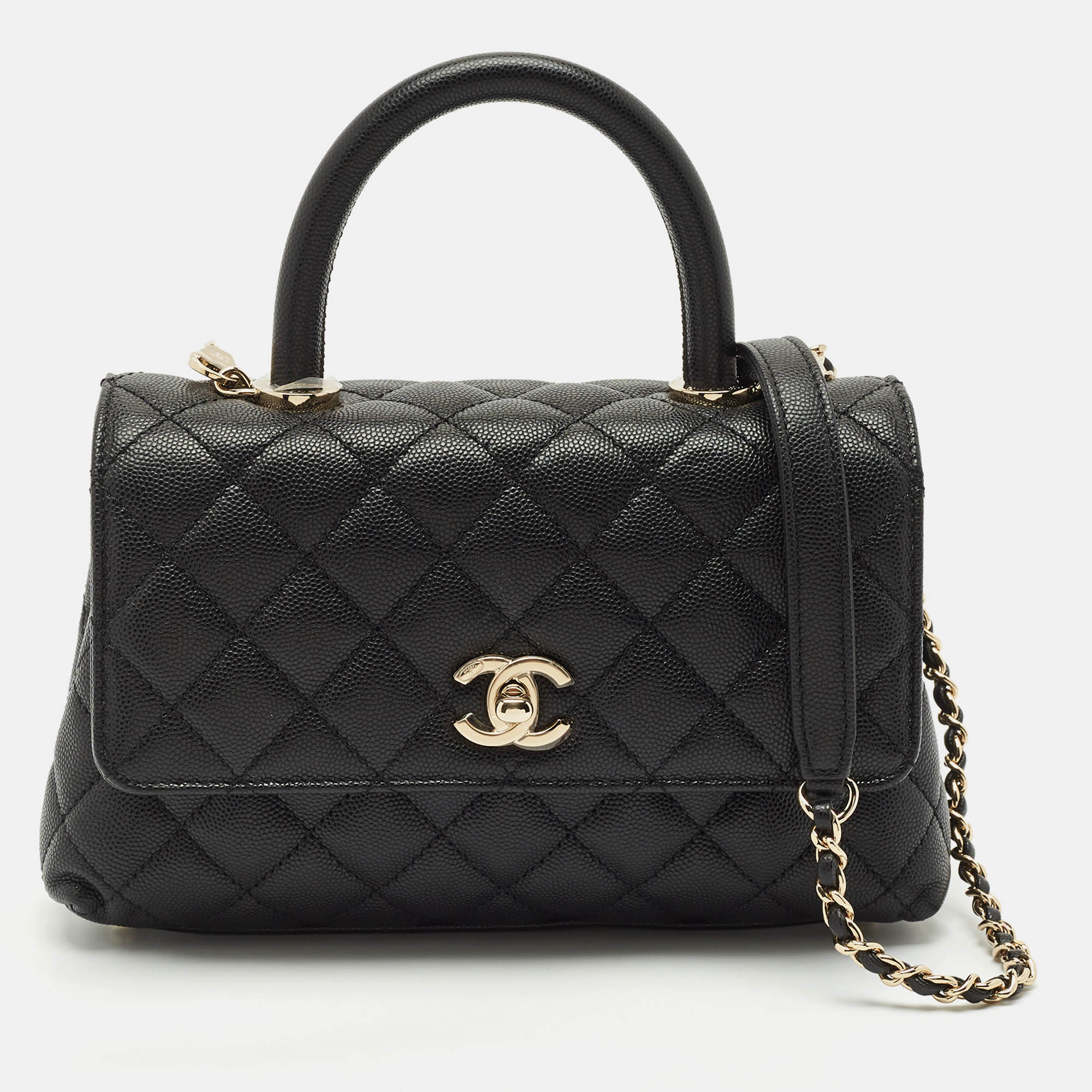 Pre Owned Chanel Black Quilted Caviar Leather Mini Coco Top Handle Bag