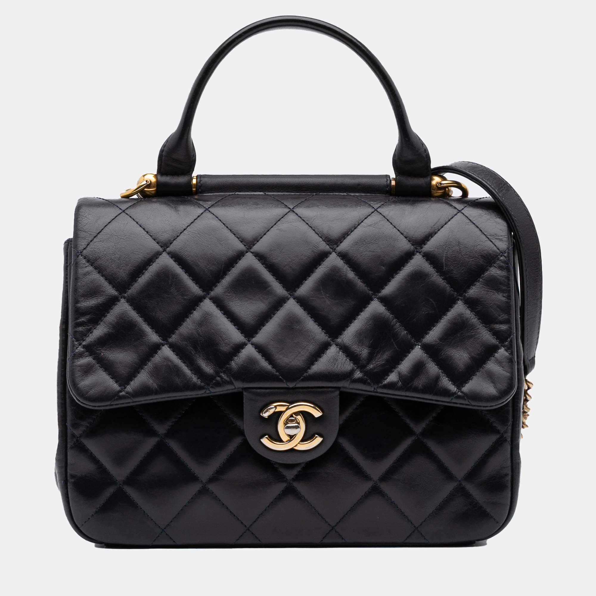 Chanel Black Medium Quilted Glazed Calfskin Gold Bar Top Handle Flap