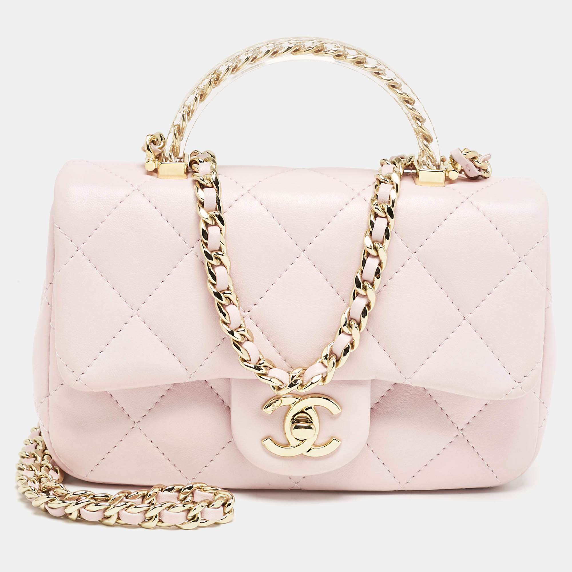 Pre Owned Chanel Pink Quilted Leather Resin Top Handle Flap Bag