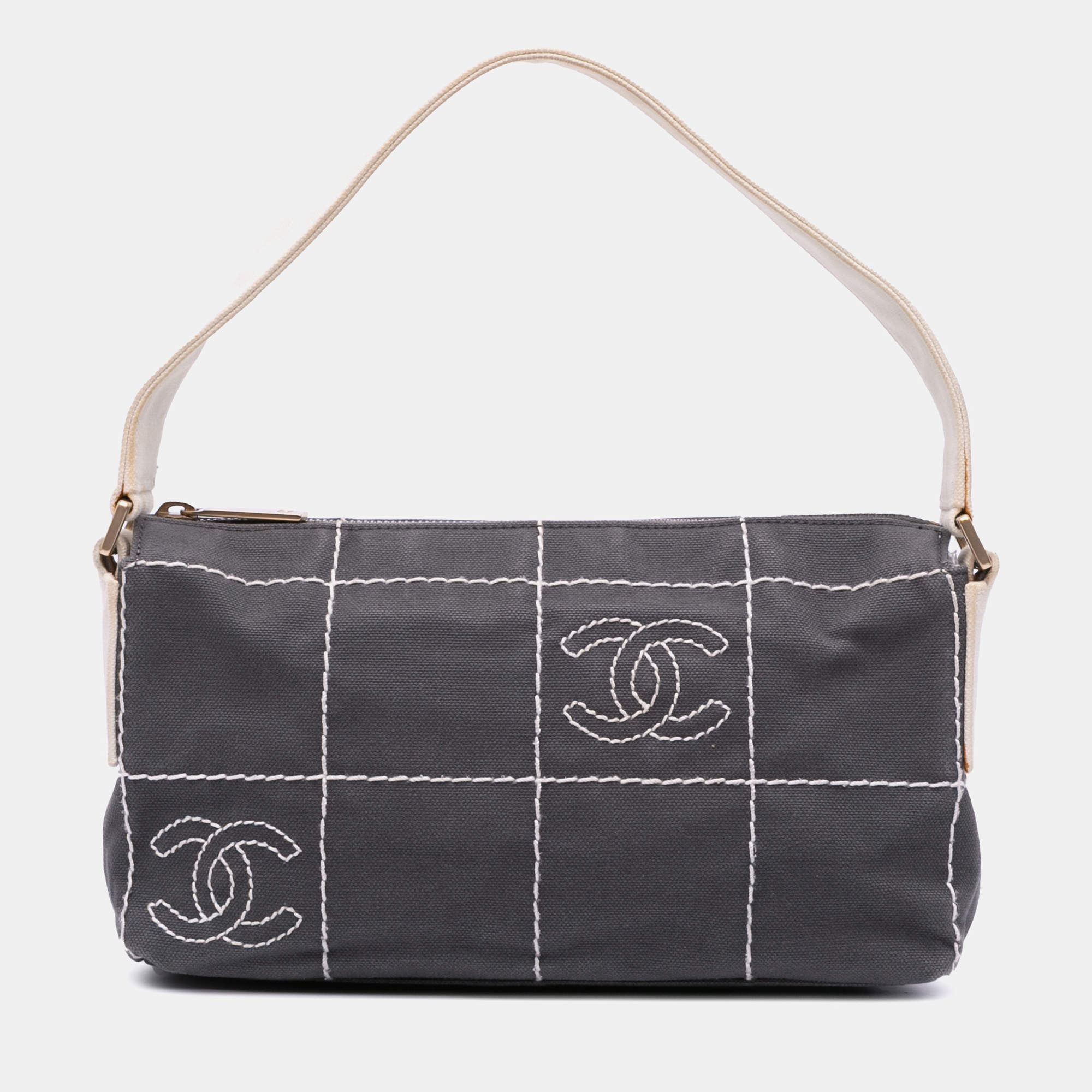 Pre Owned Chanel Black White CC Chocolate Bar Canvas Shoulder Bag