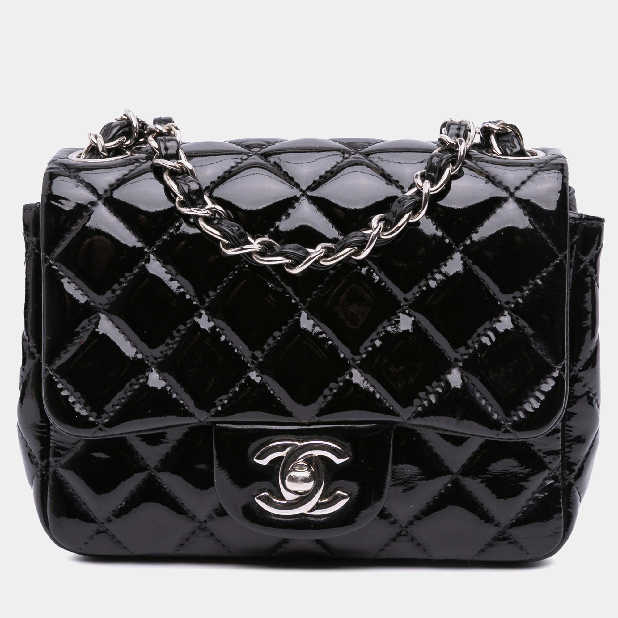 Pre Owned Chanel Black Mini Square Classic Patent Single Flap