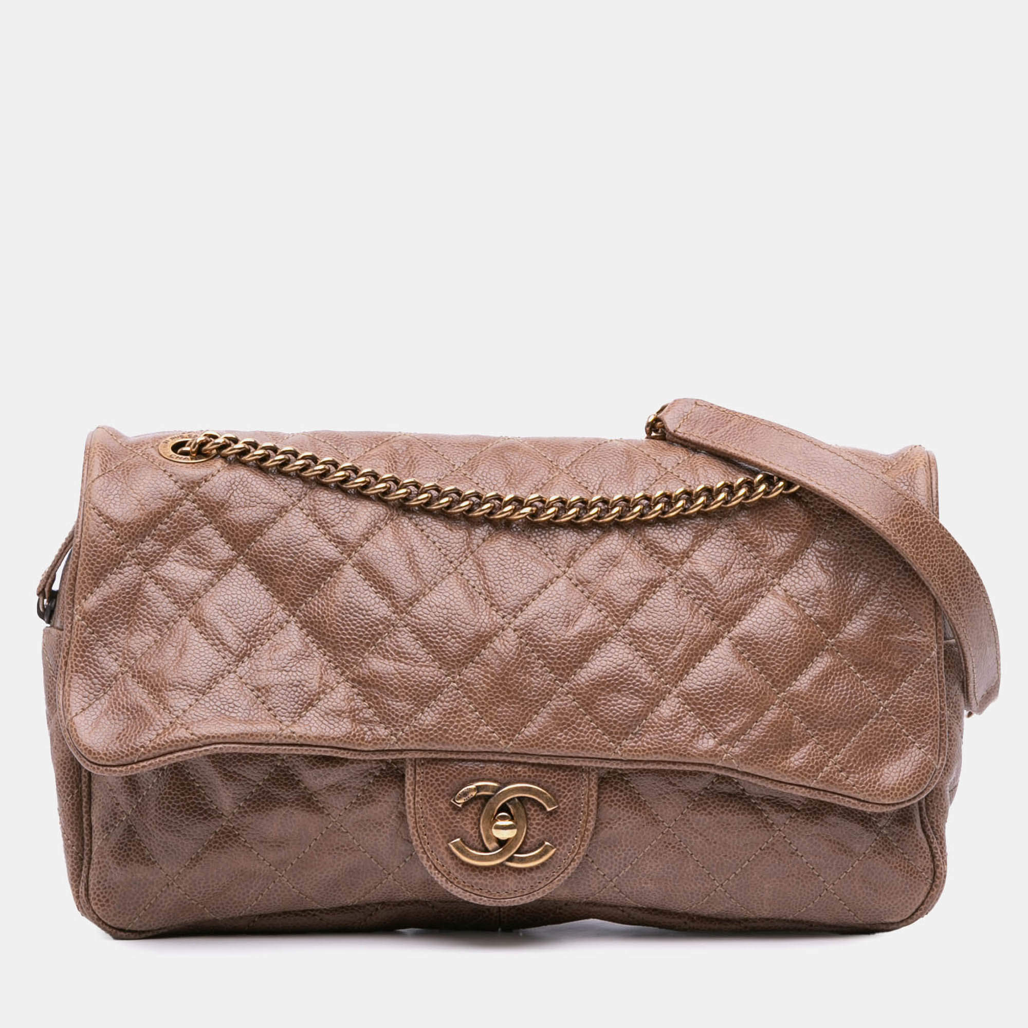 Chanel Brown Large Quilted Glazed Caviar Shiva Flap