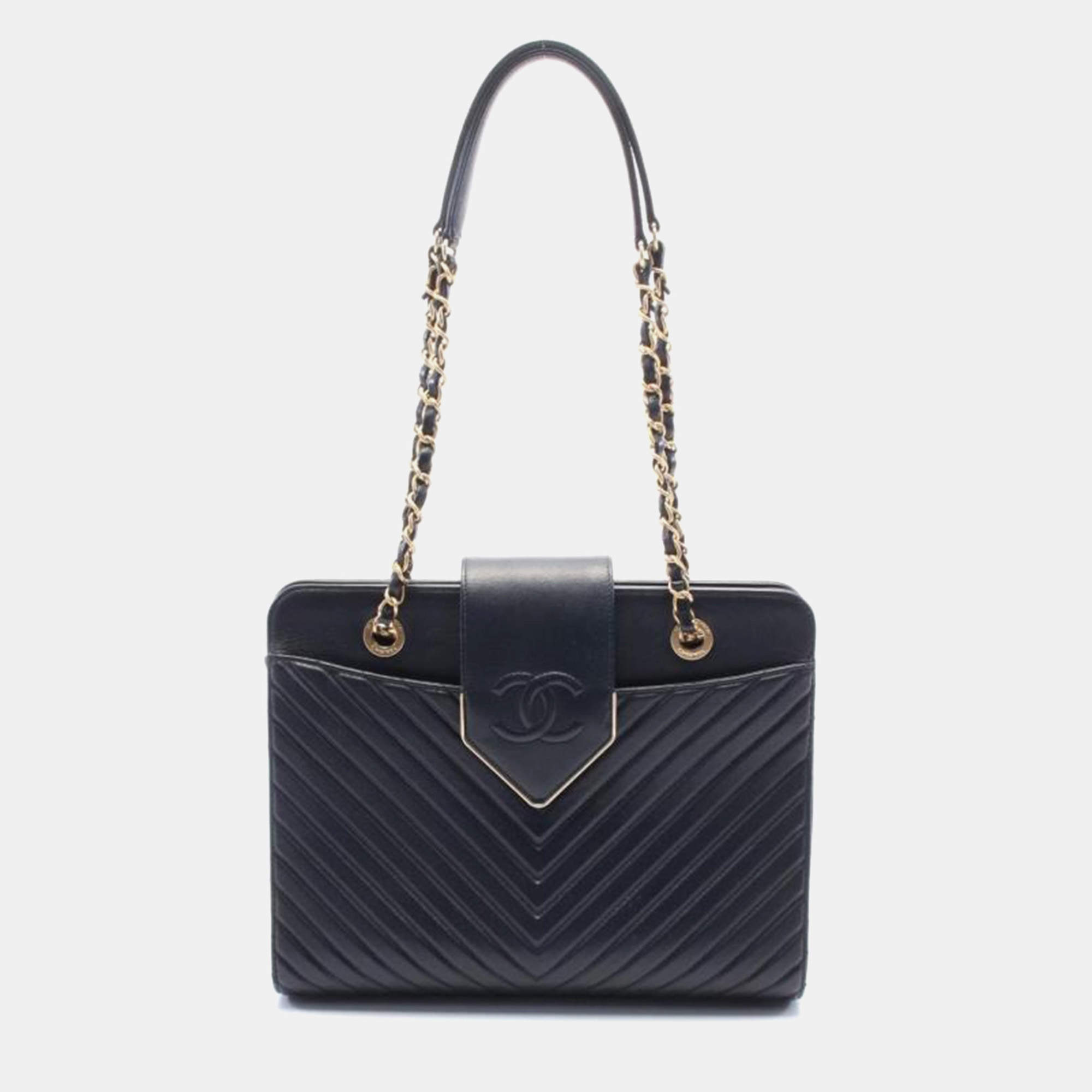 Pre Owned Chanel Navy Chevron Leather V-Stitch Tote Bag 