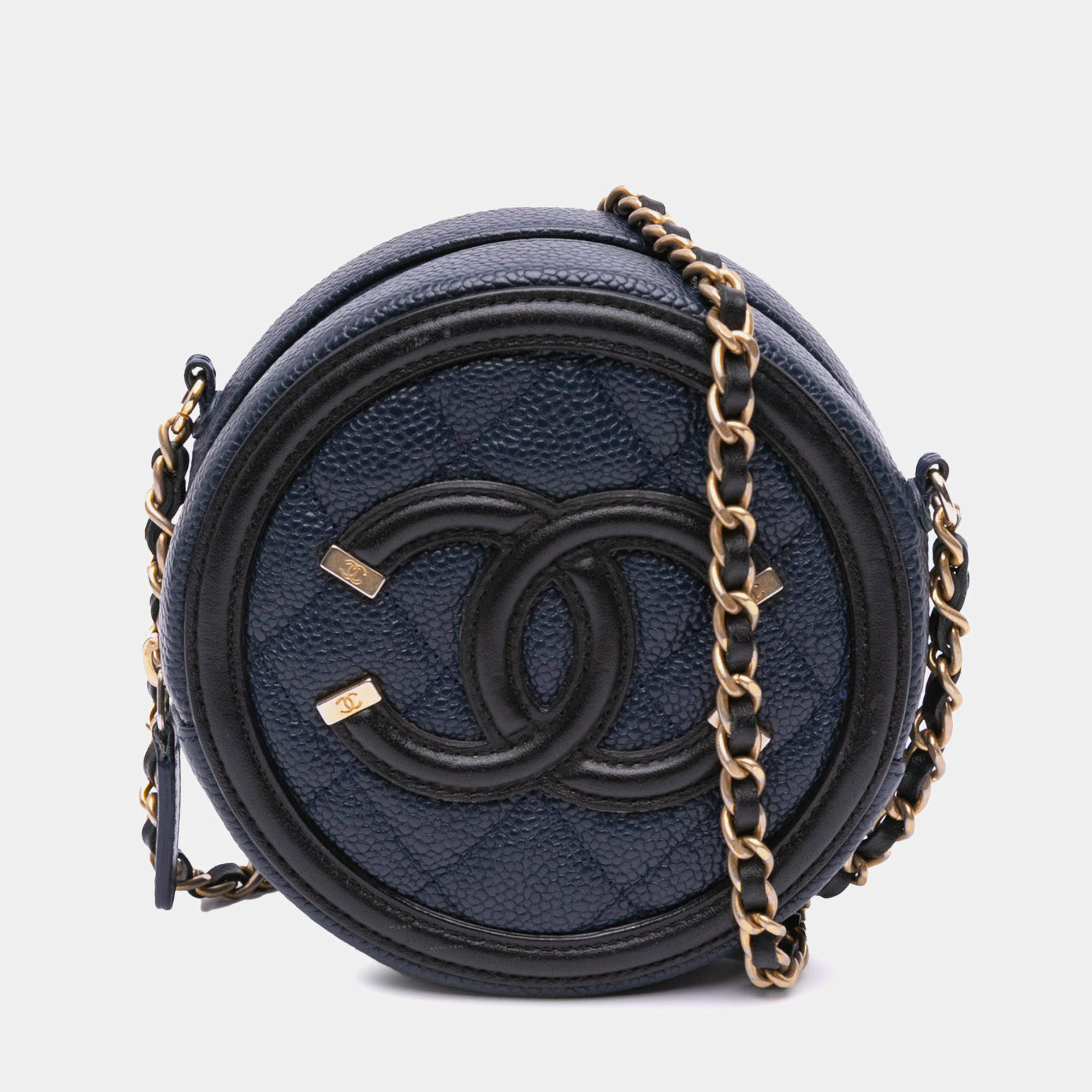 Chanel Black Navy Blue Caviar CC Filigree Round Crossbody Bag