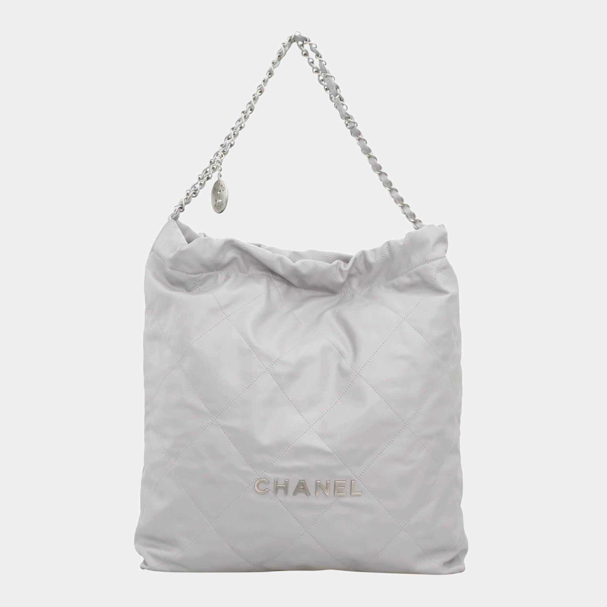 Chanel Light Grey Calfskin Leather Large 22 Shoulder Bag