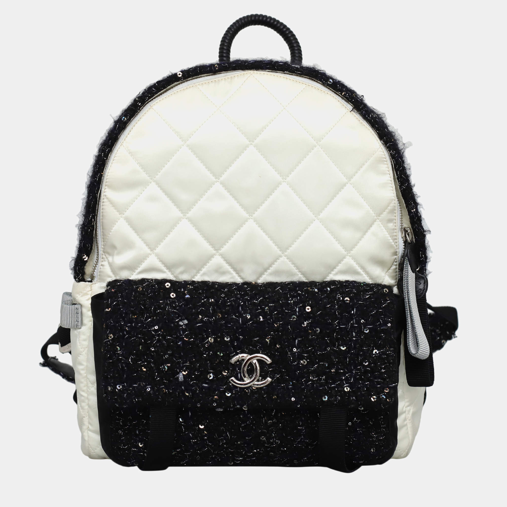 Pre Owned Chanel White & Black Leather, Nylon, Tweed Quilted Nylon & Tweed Backpack