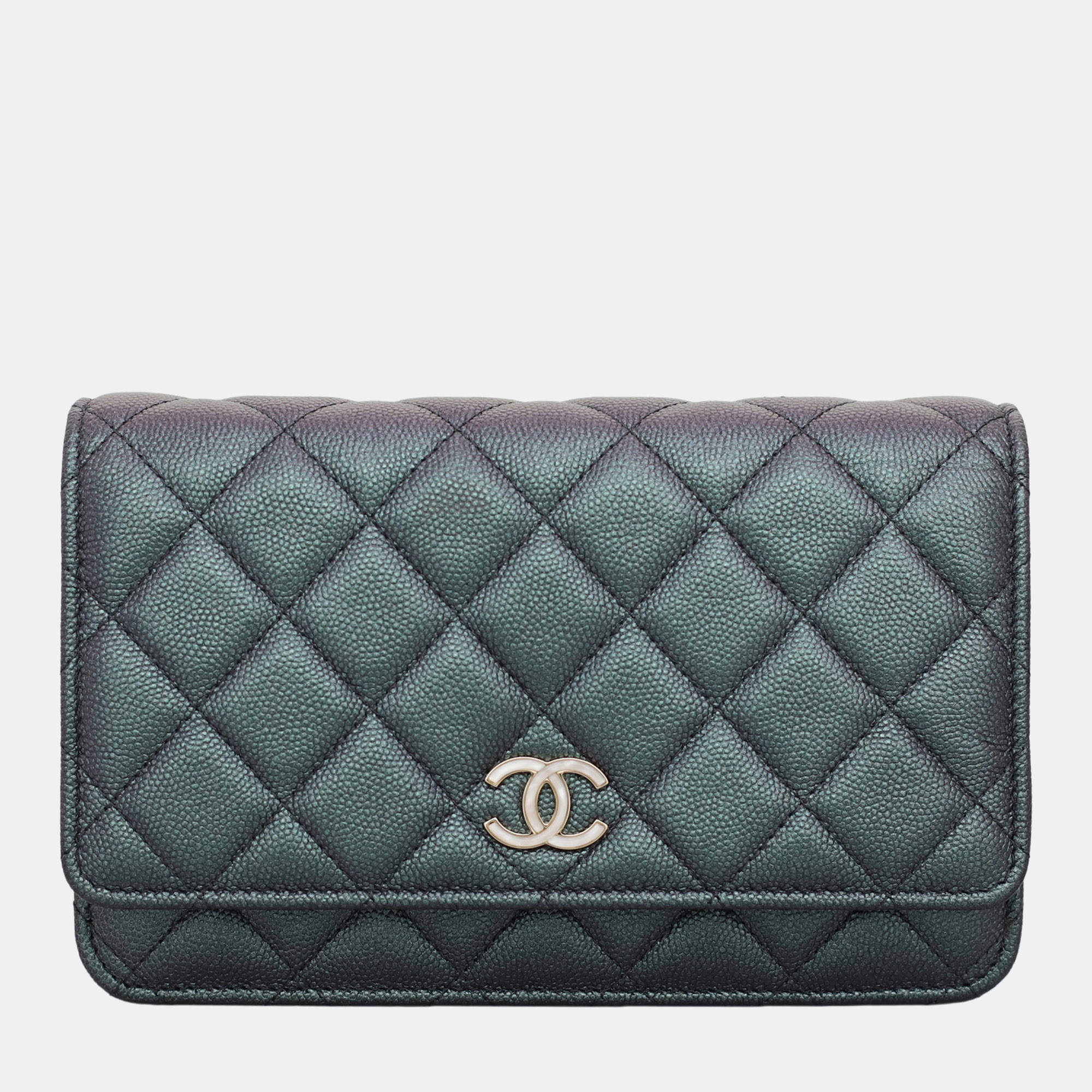 Chanel Purple & Green Iridescent Caviar Leather Quilted Wallet On Chain