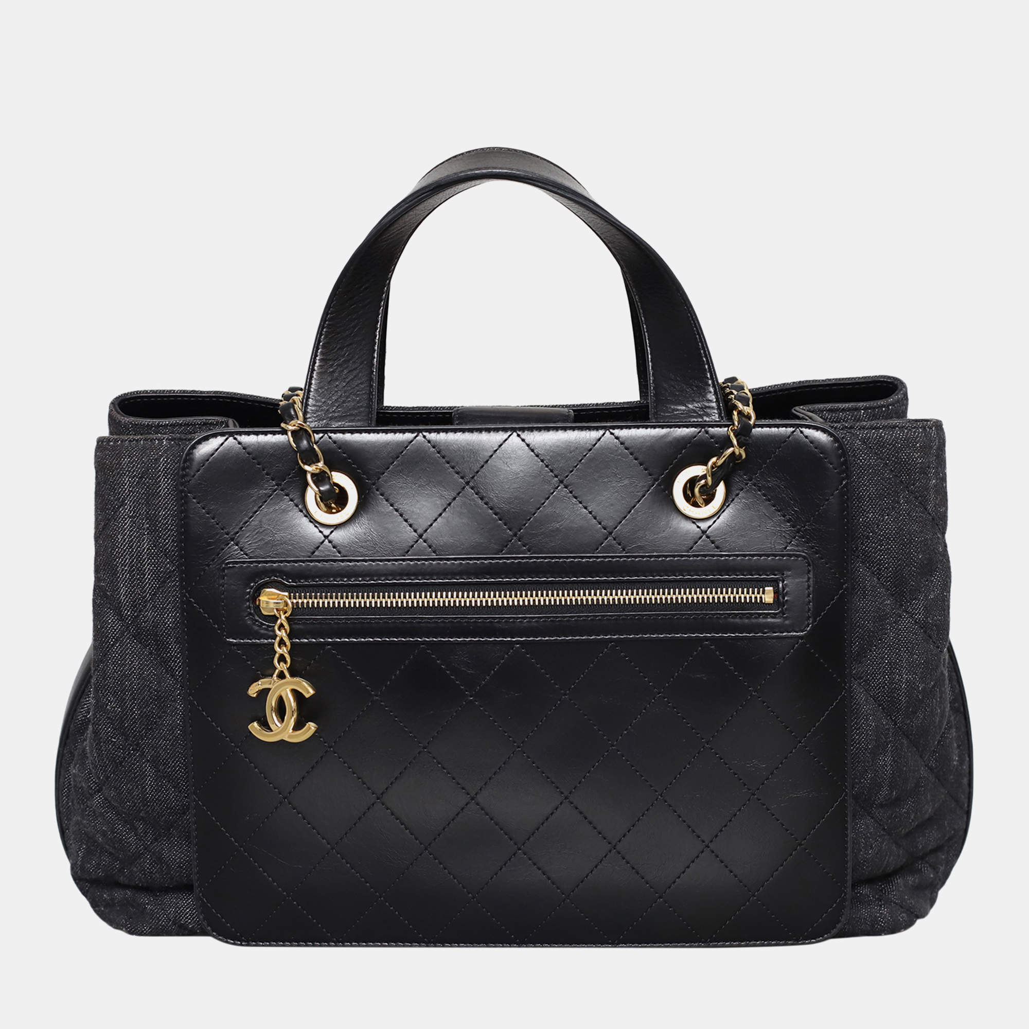 Chanel Black & Grey Denim and Leather Quilted Shopper Tote Bag
