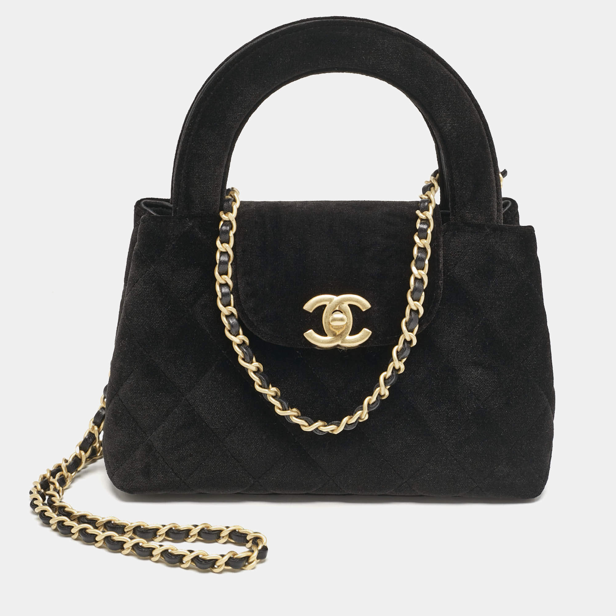 Chanel Black Quilted Velvet Mini Kelly Bag