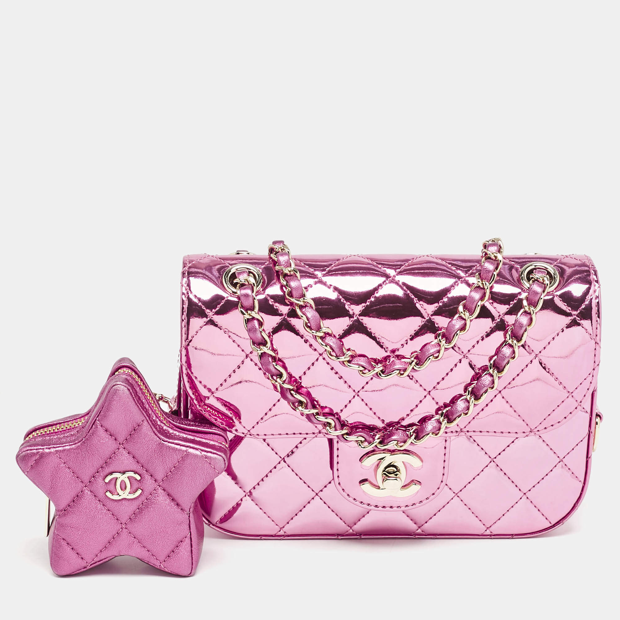 Chanel Pink Quilted Mirror Leather Mini Hollywood Boulevard Flap Bag With Star Coin Purse