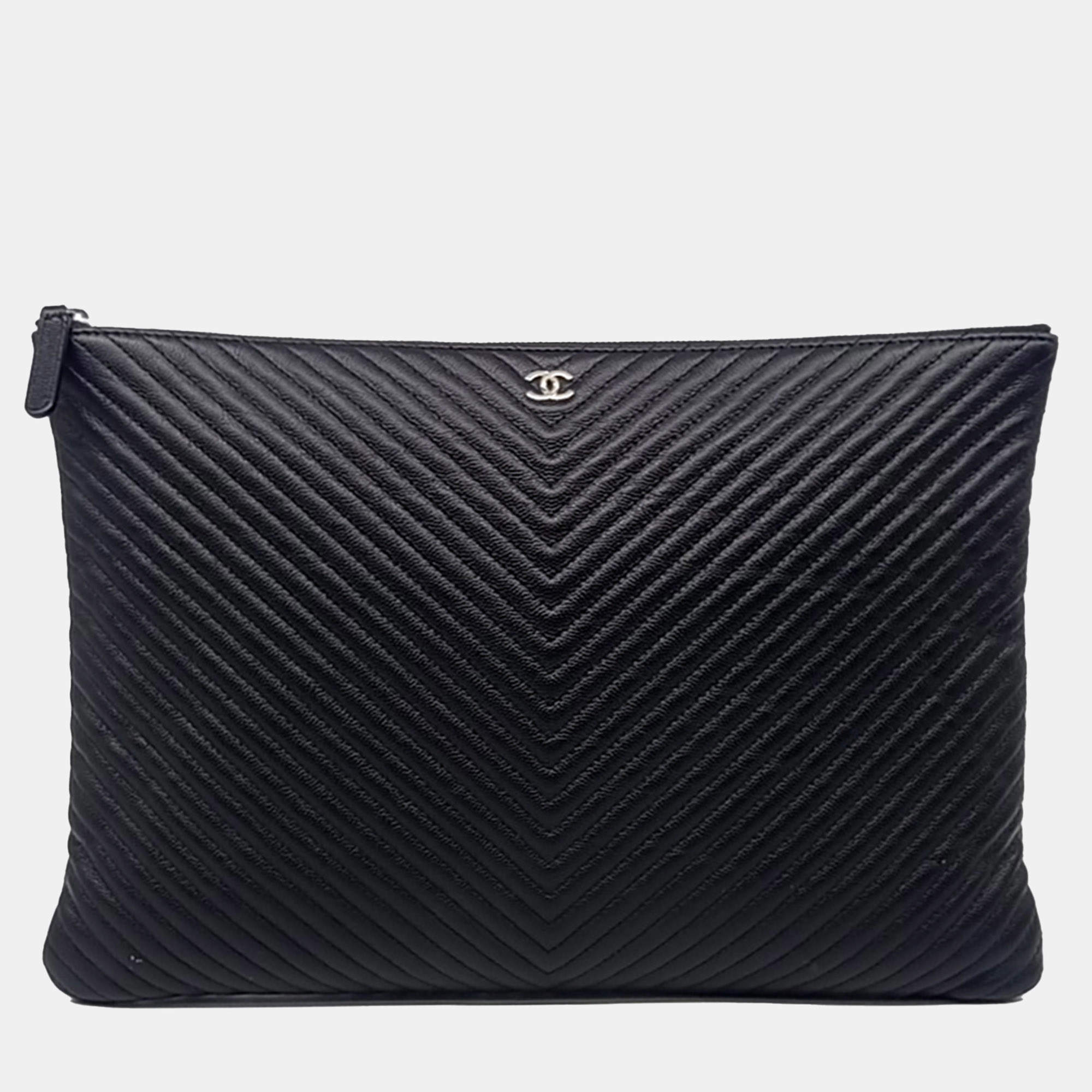 Chanel Black Leather Caviar Chevron Large Clutch