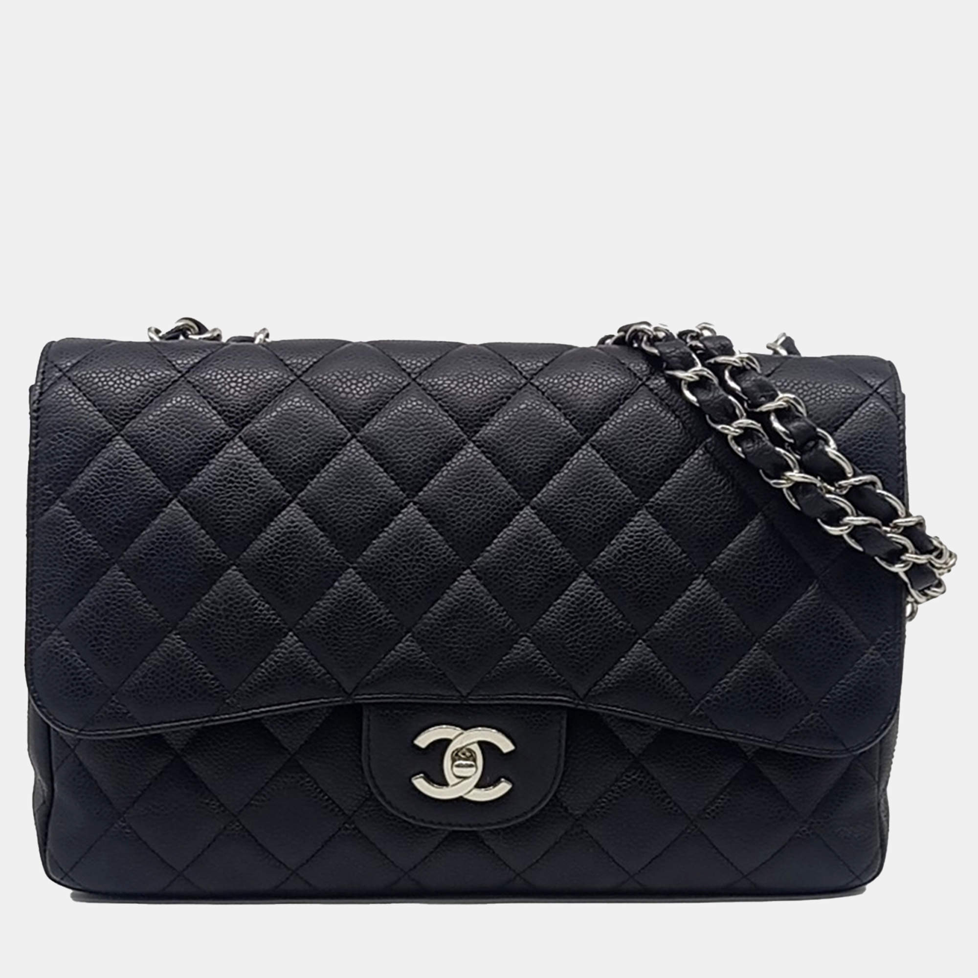 Pre Owned Chanel Black Leather Caviar Classic Jumbobag