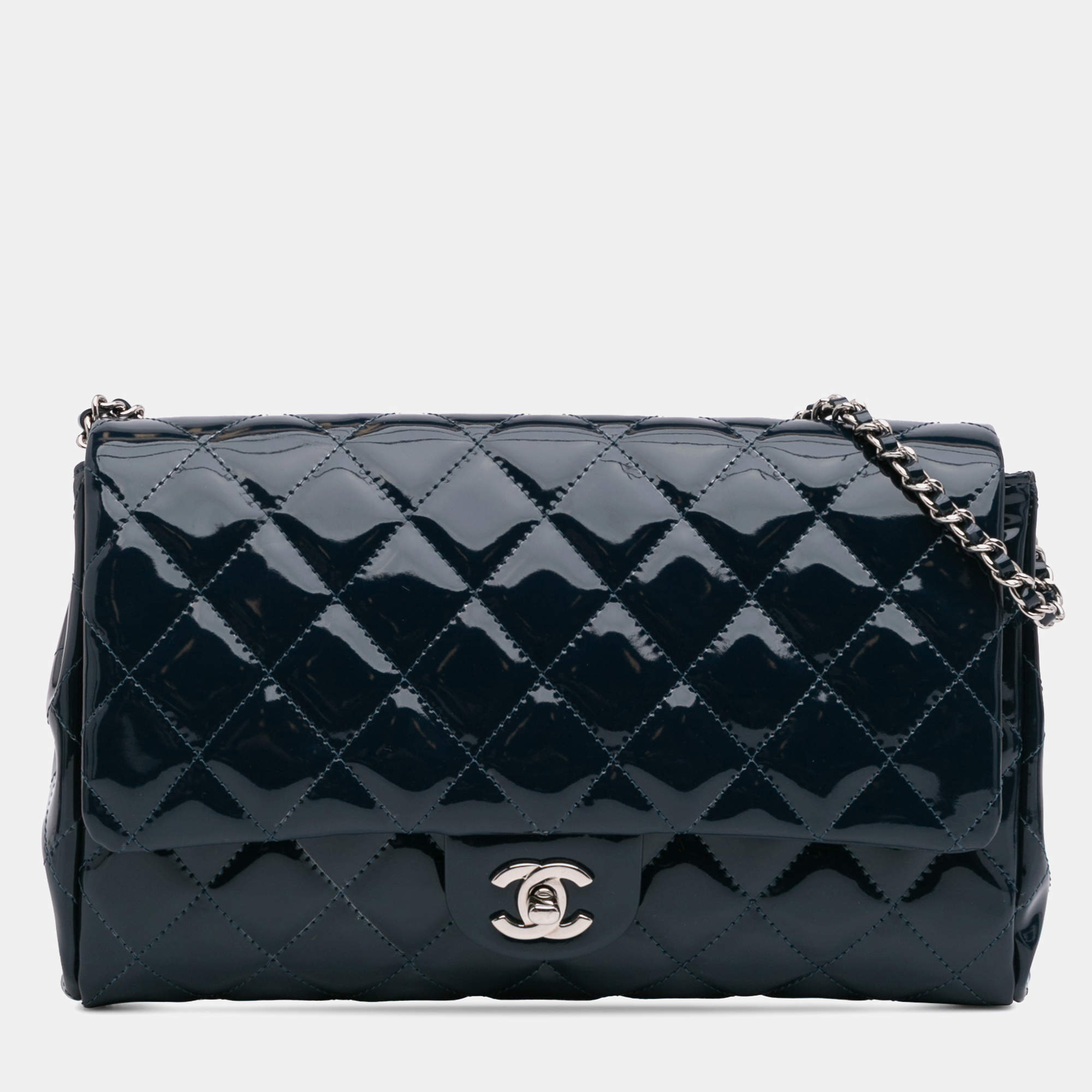 Chanel Navy Blue CC Quilted Patent Clutch With Chain