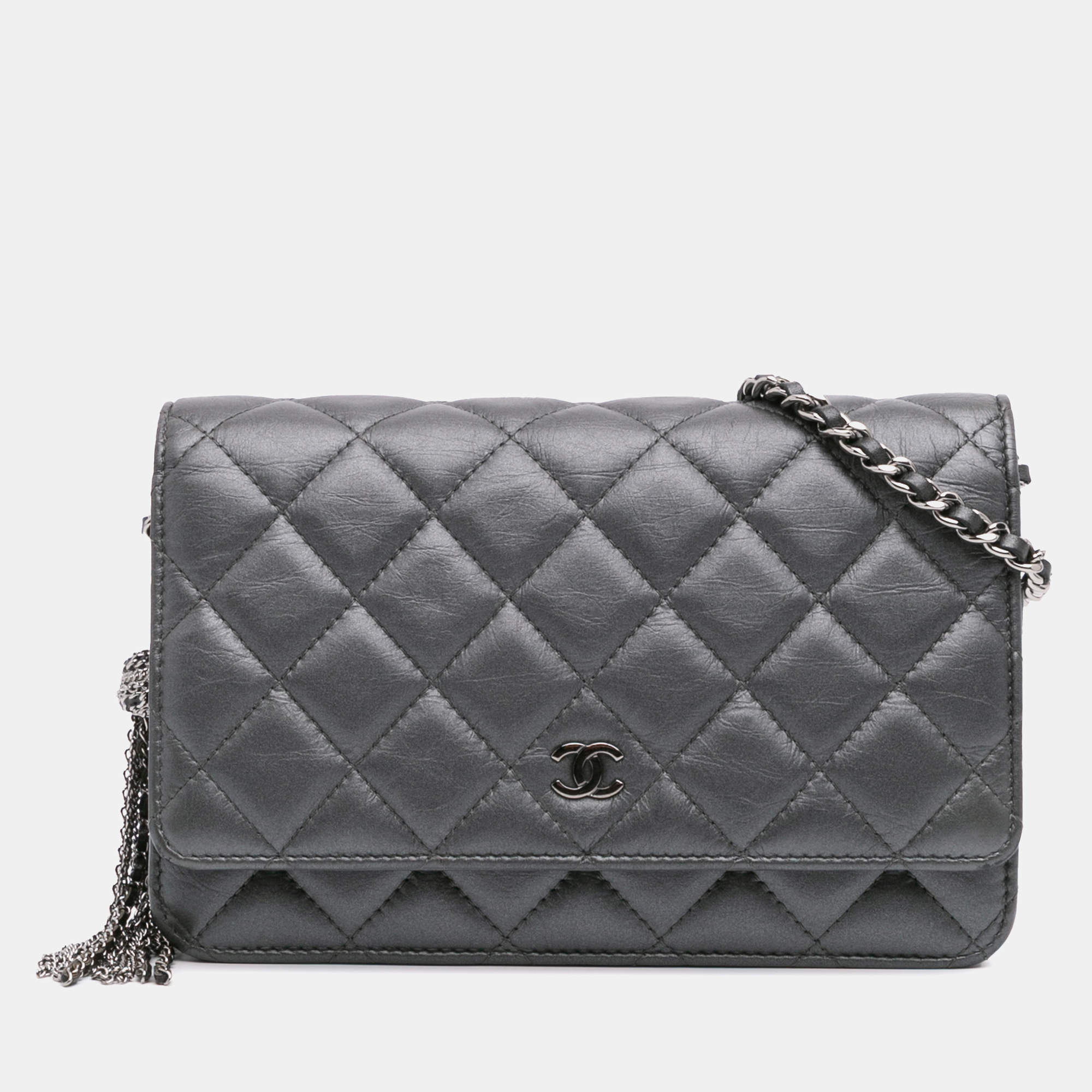 Chanel Grey Quilted Aged Calfskin Tassel Wallet On Chain