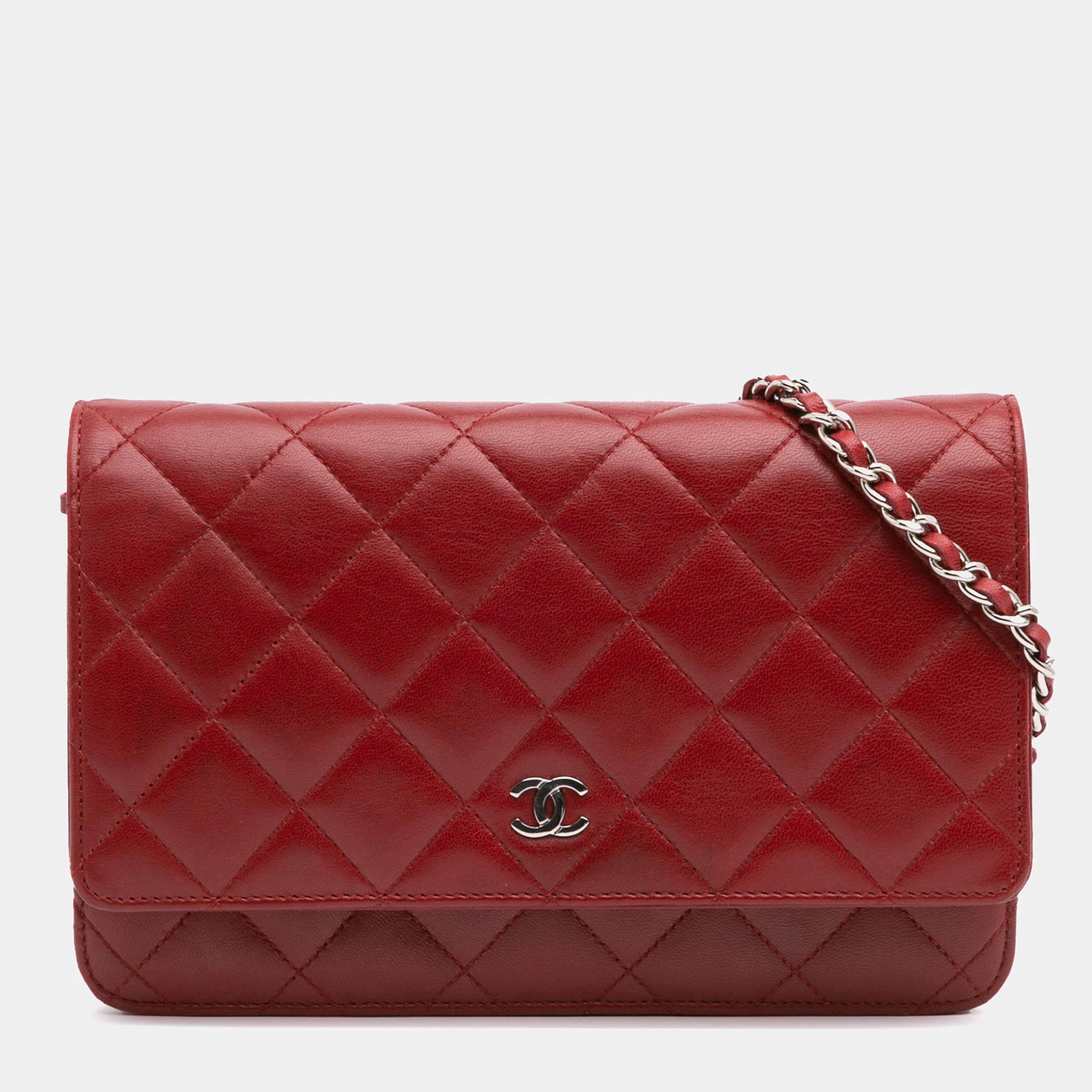 Chanel Red CC Quilted Lambskin Wallet on Chain