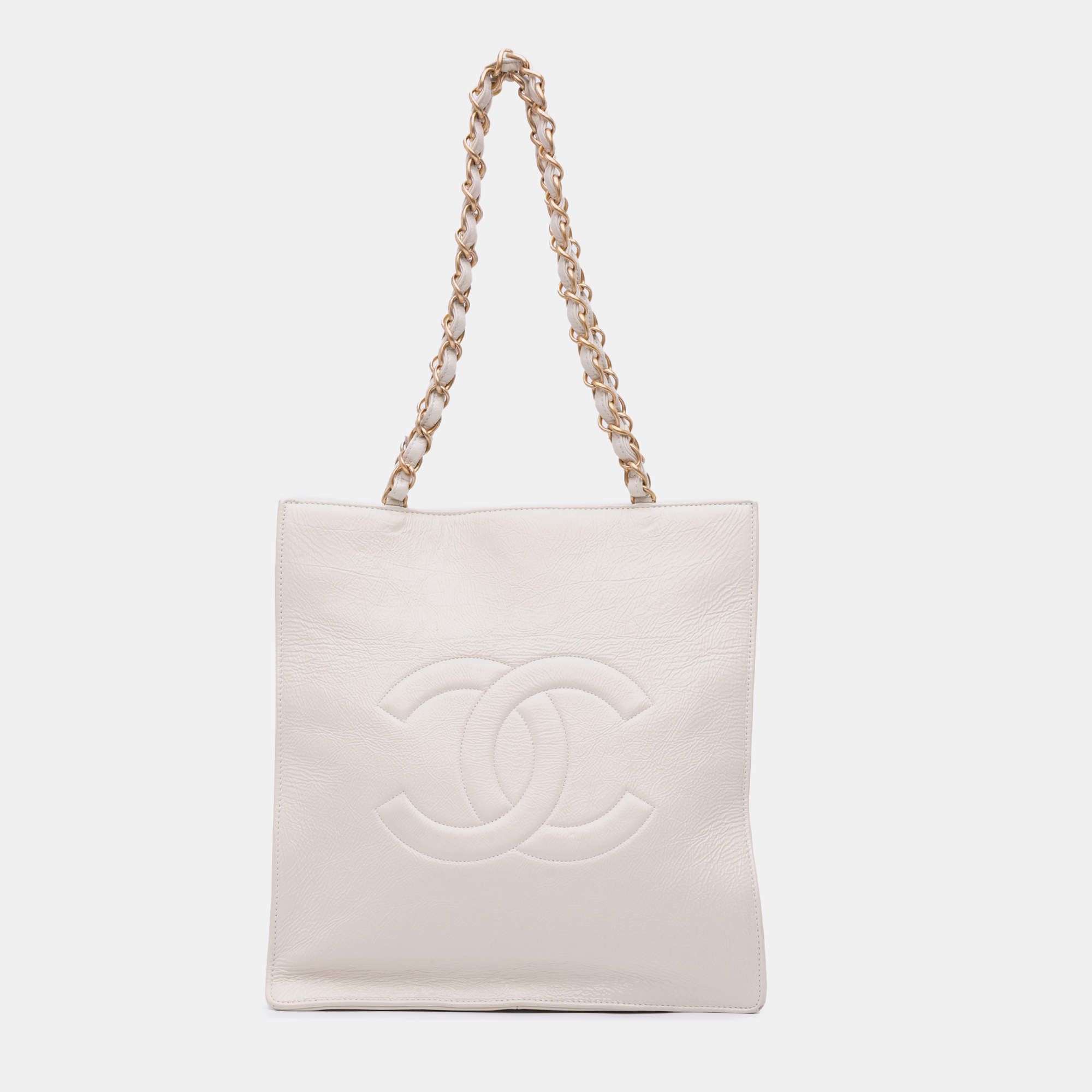 Chanel White Shiny Aged Calfskin North South Shopping Tote